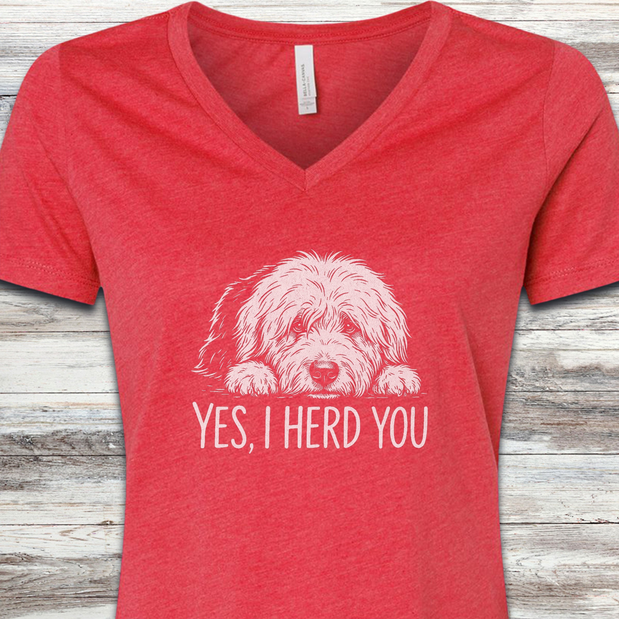 Old English Sheepdog Herd You V-Neck Tee - Heather Red