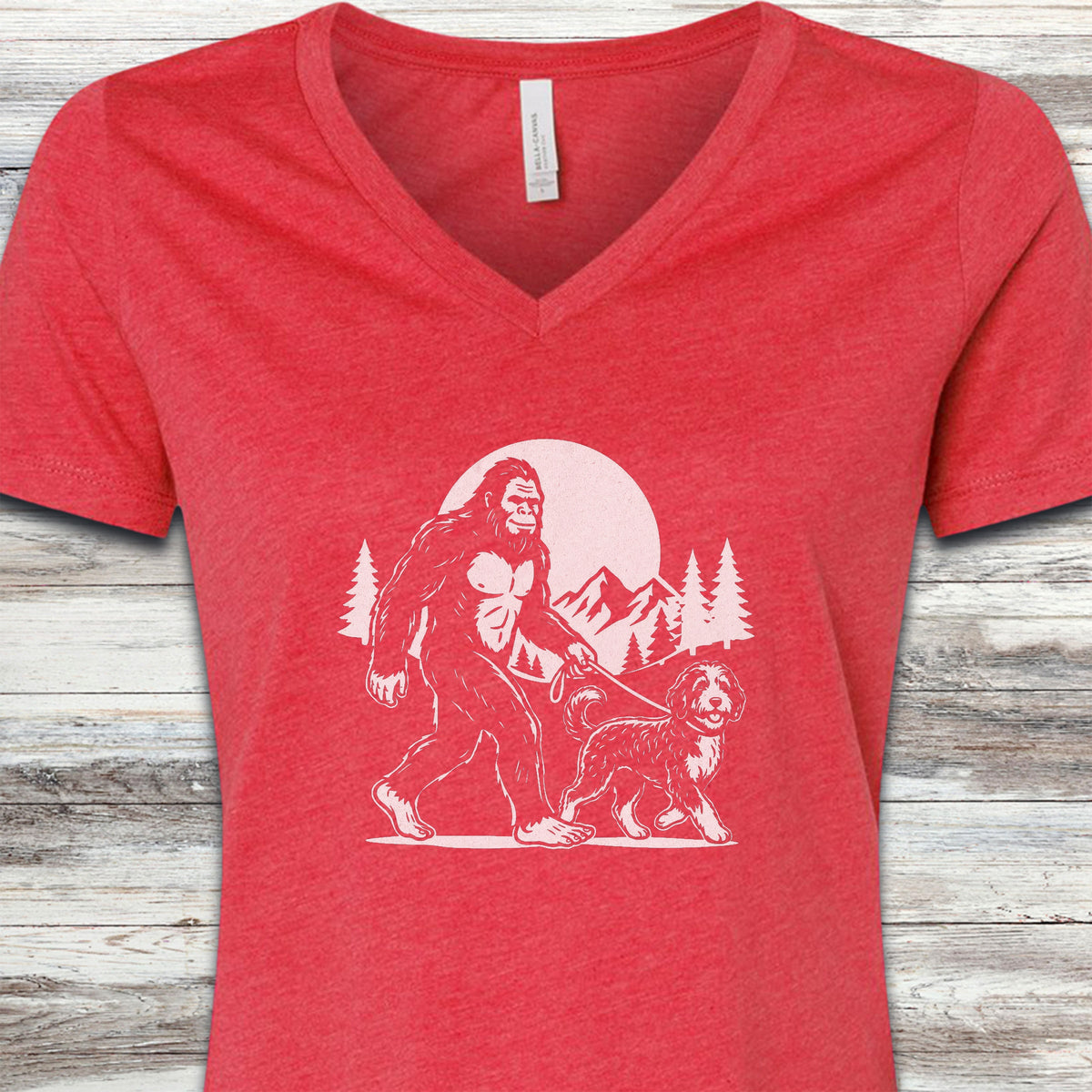 Bernedoodle & Bigfoot V-Neck Tee - Heather Red