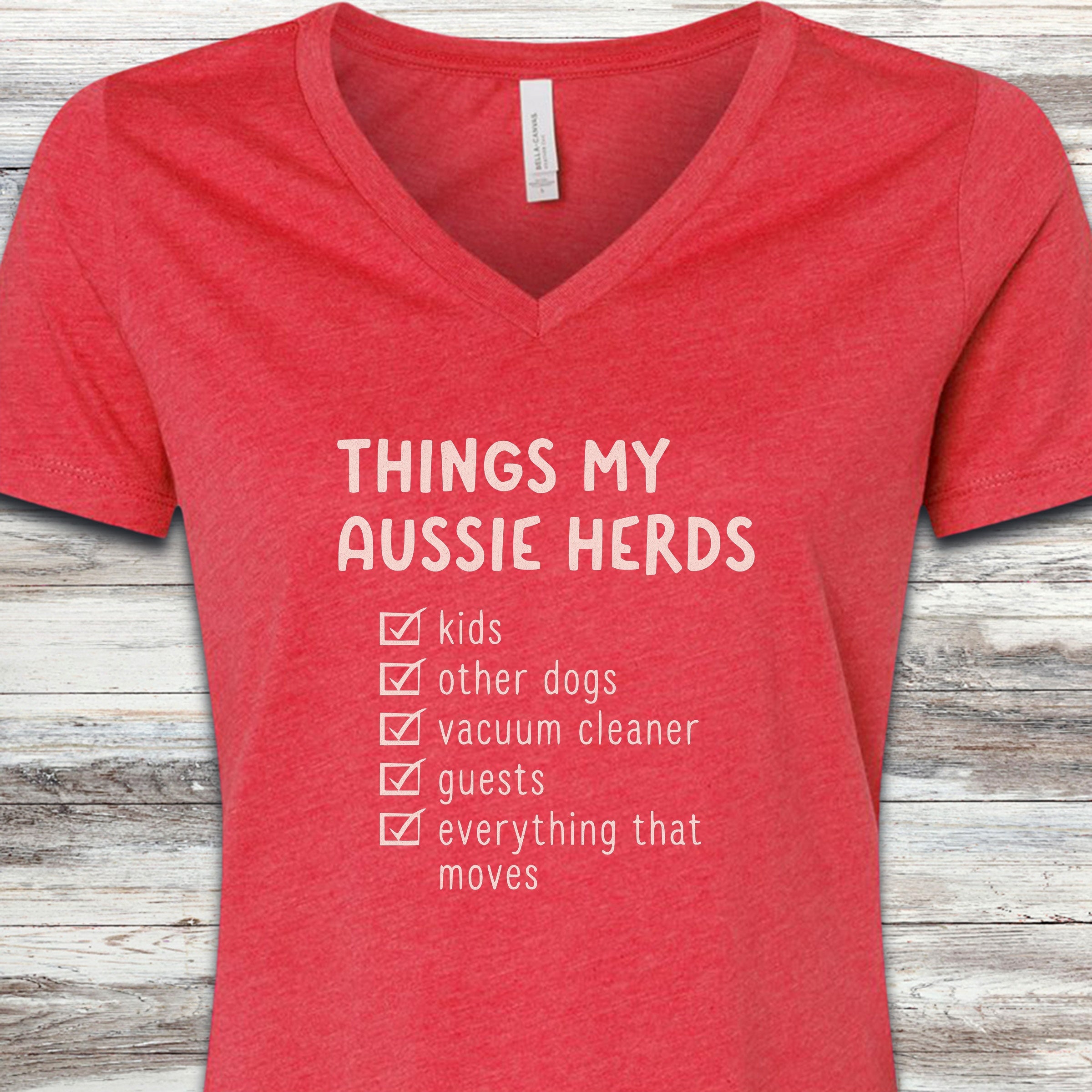 Australian Shepherd Herding List V-Neck Tee - Heather Red
