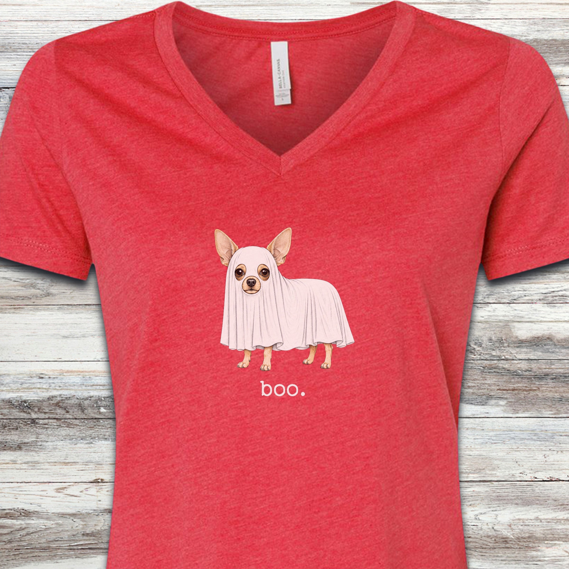 Chihuahua Boo V-Neck Tee - Heather Red