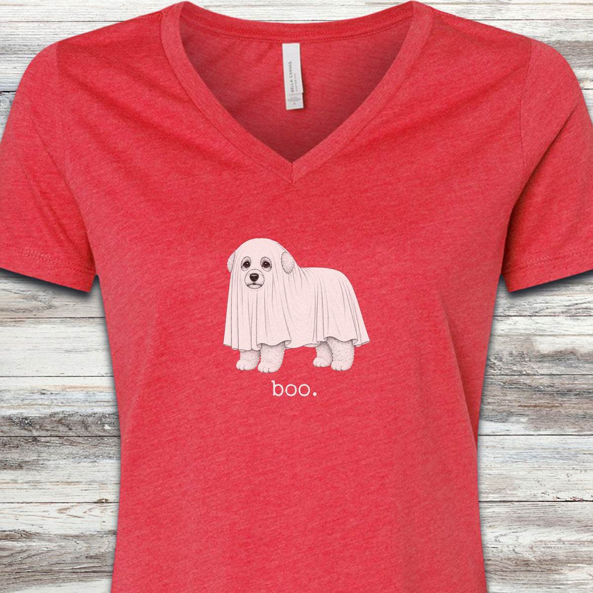 Bichon Frise Boo V-Neck Tee - Heather Red
