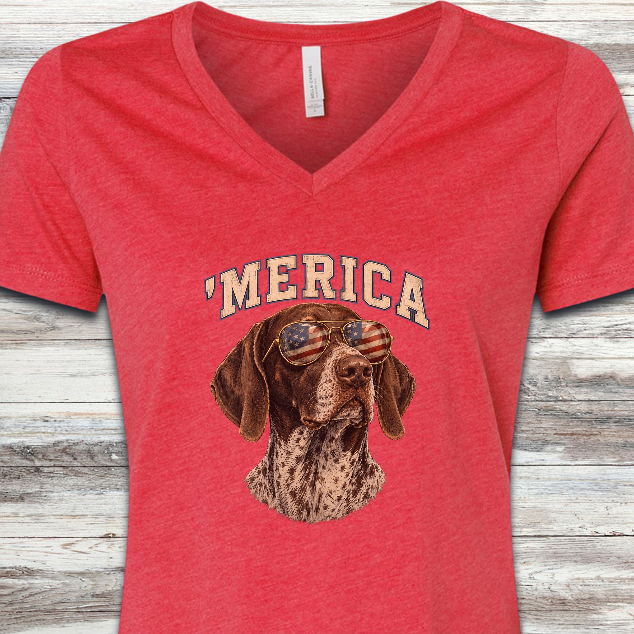 German Shorthaired Pointer 'Merica V-Neck Tee - Heather Red