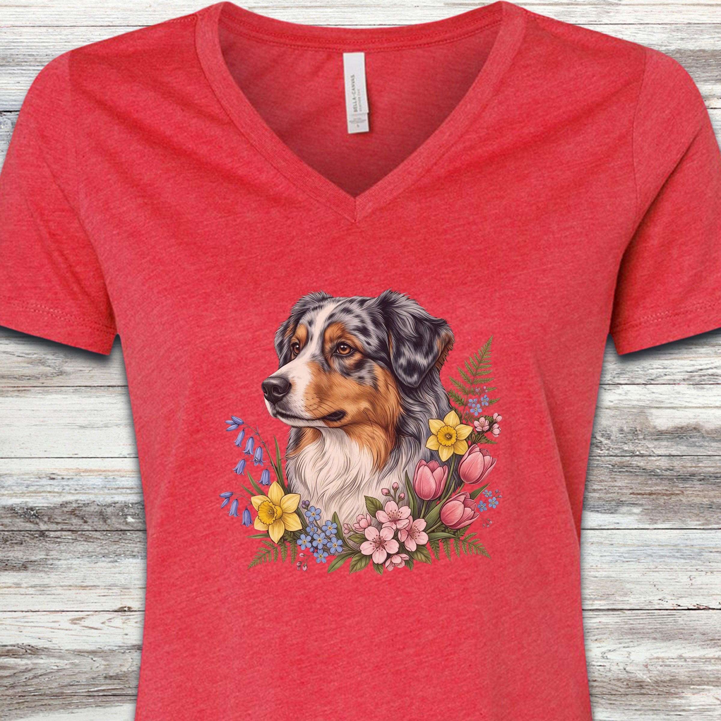 Australian Shepherd Spring Portrait V-Neck Tee - Heather Red