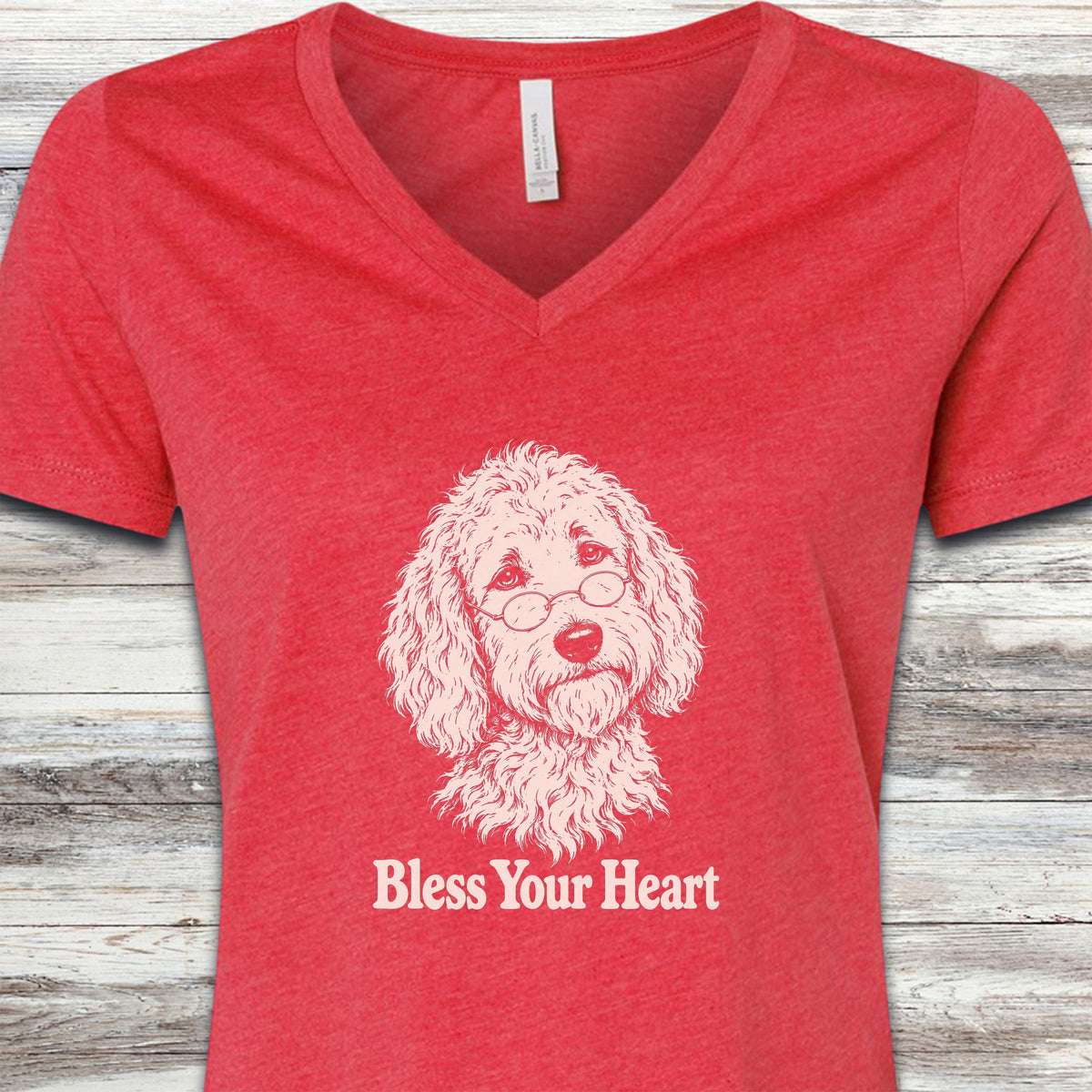 Goldendoodle Bless Your Heart V-Neck Tee - Heather Red