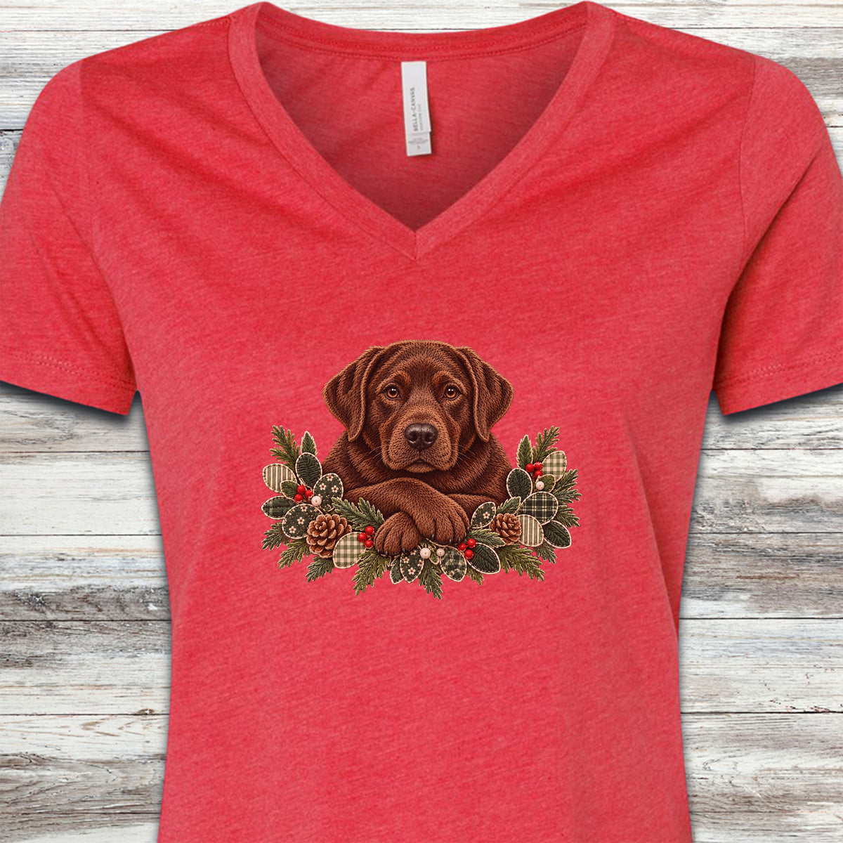 Labrador Retriever Chocolate Winter Greenery Faux Embroidery V-Neck Tee - Heather Red