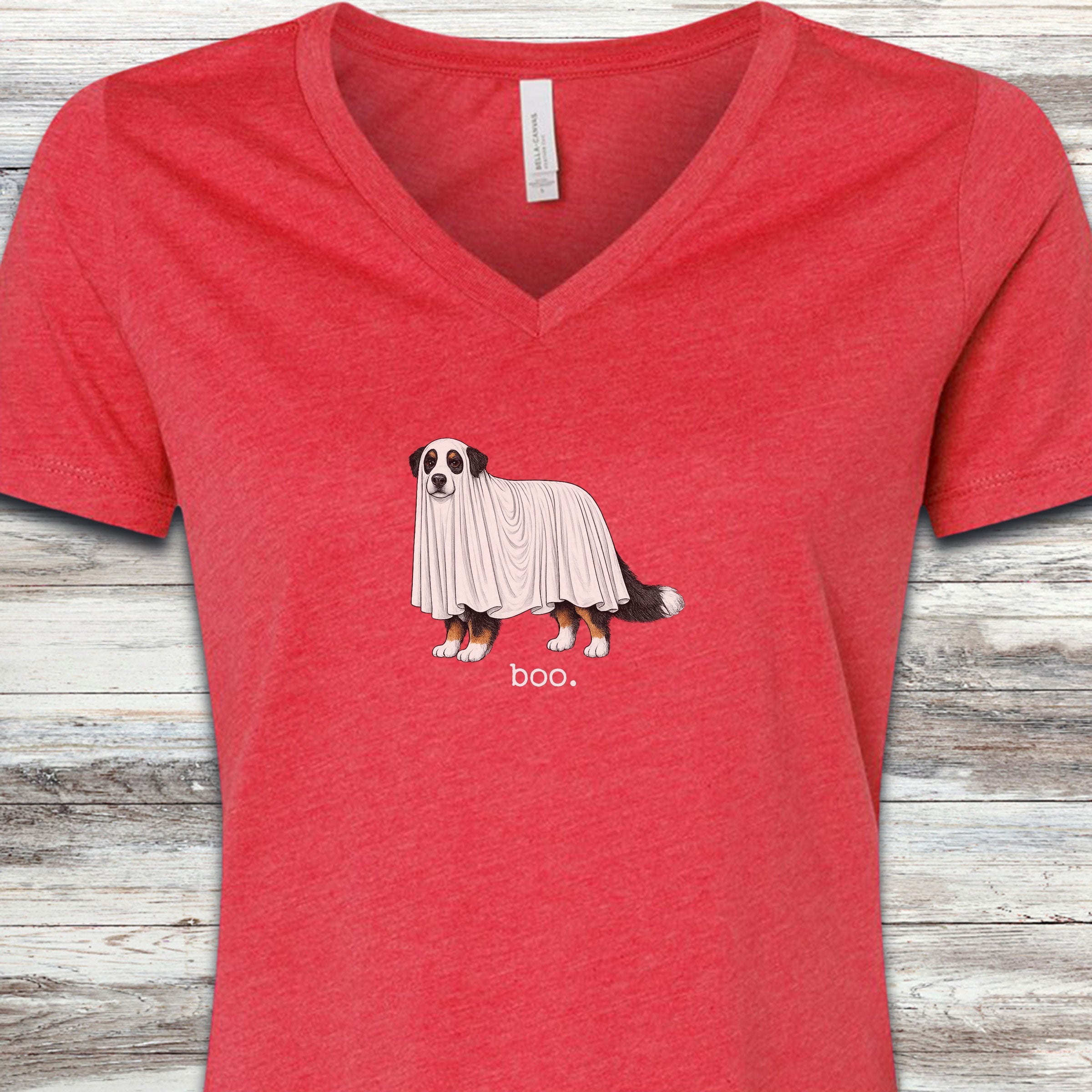 Bernese Mountain Dog Boo V-Neck Tee - Heather Red