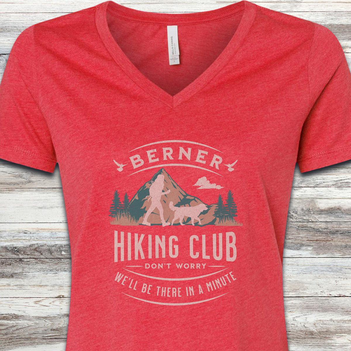 Bernese Mountain Dog Hiking Club V-Neck Tee - Heather Red