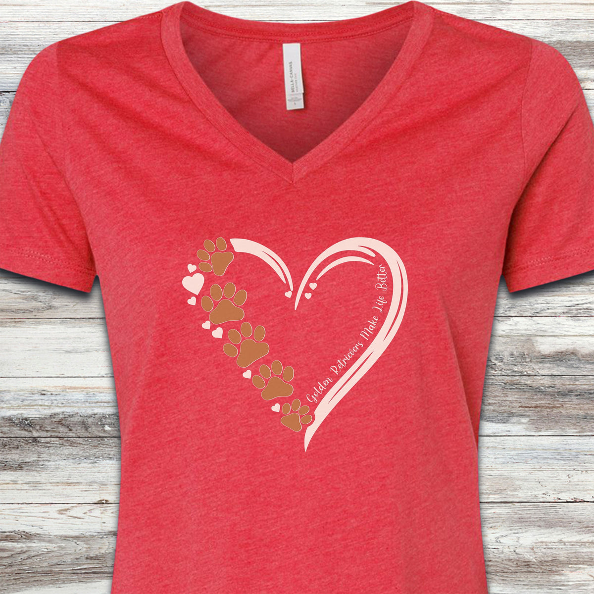 Golden Retriever Loyal Heart V-Neck Tee - Heather Red