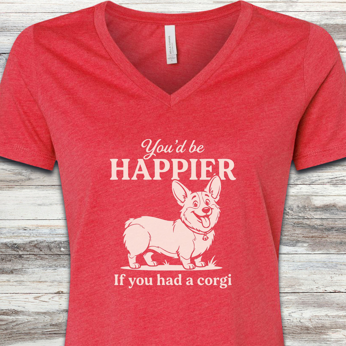 Corgi Happier V-Neck Tee - Heather Red