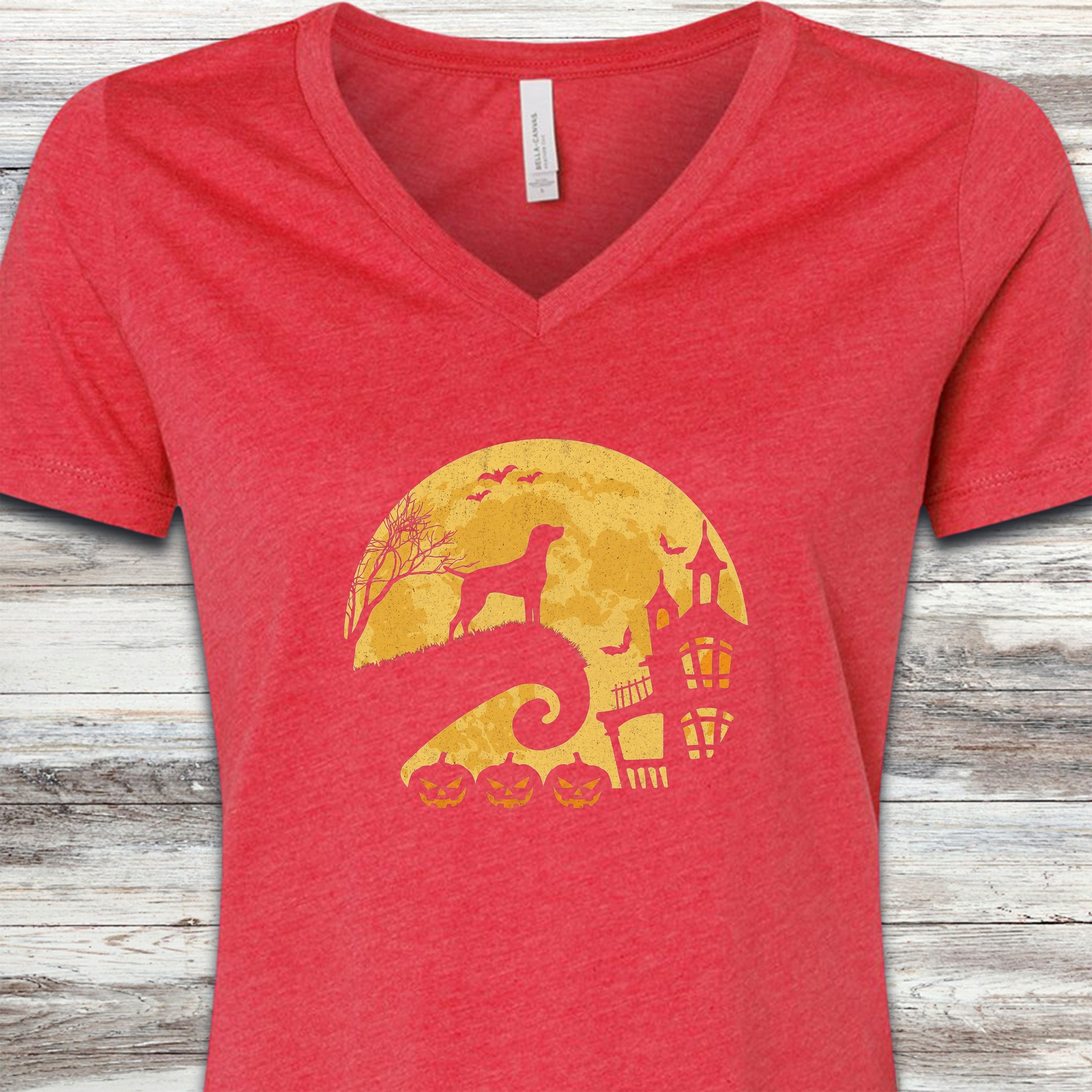 Weimaraner Halloween Moon V-Neck Tee - Heather Red