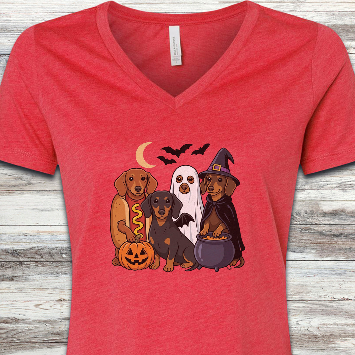 Dachshund Halloween V-Neck Tee - Heather Red