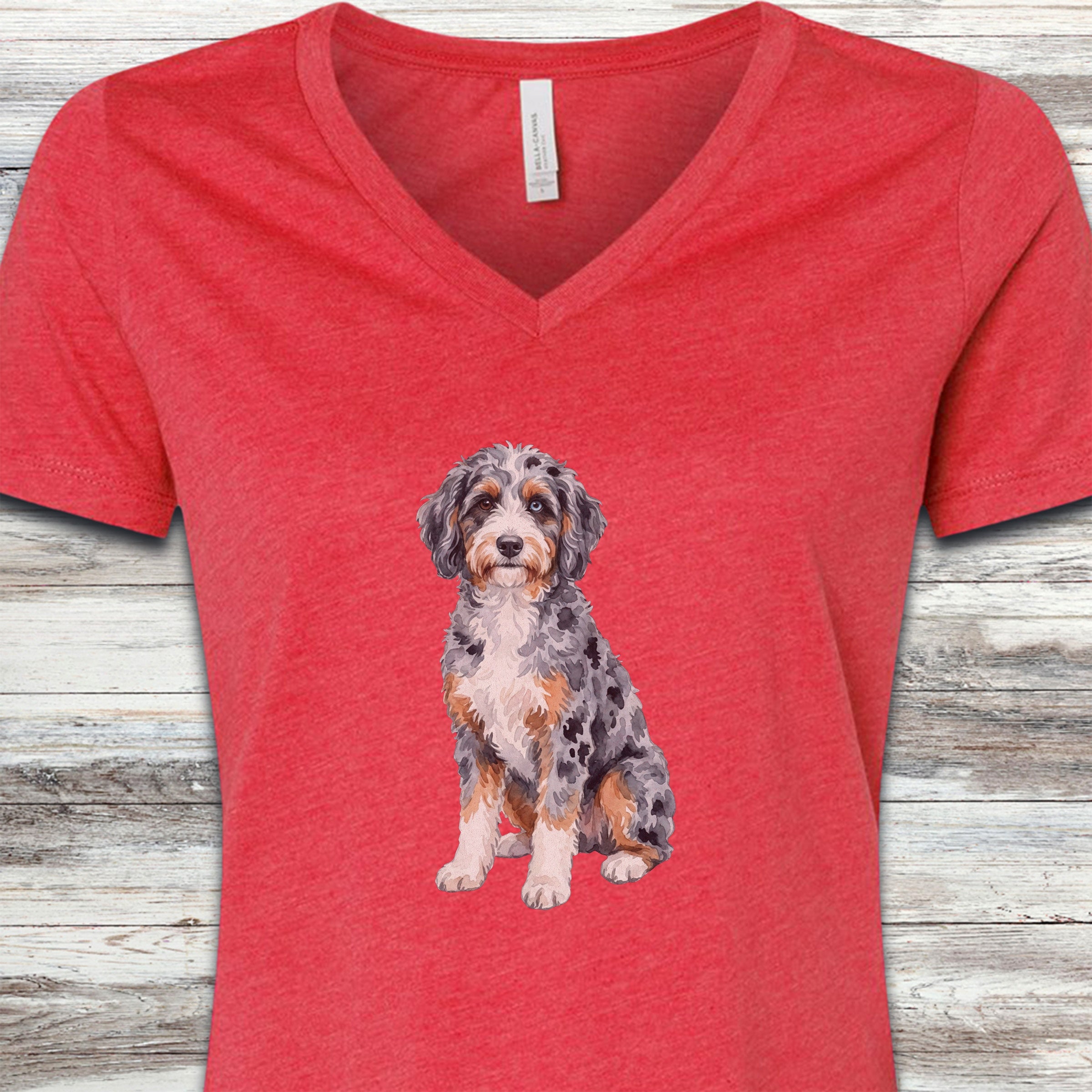 Aussiedoodle Watercolor V-Neck Tee - Heather Red