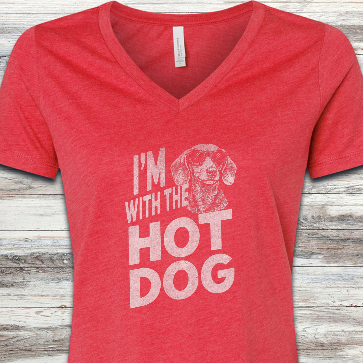 Dachshund Hot Dog V-Neck Tee - Heather Red
