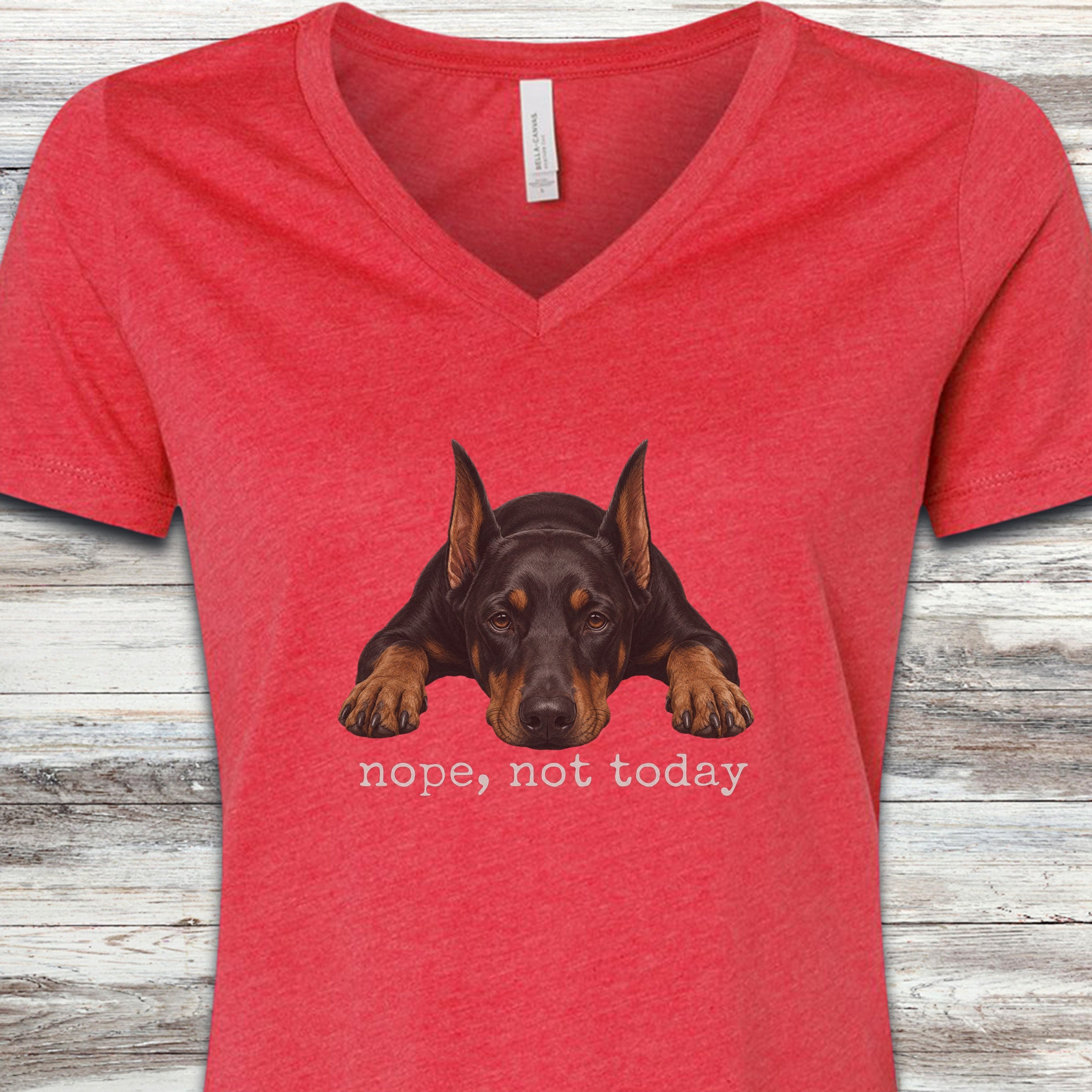 Doberman Nope V-Neck Tee - Heather Red