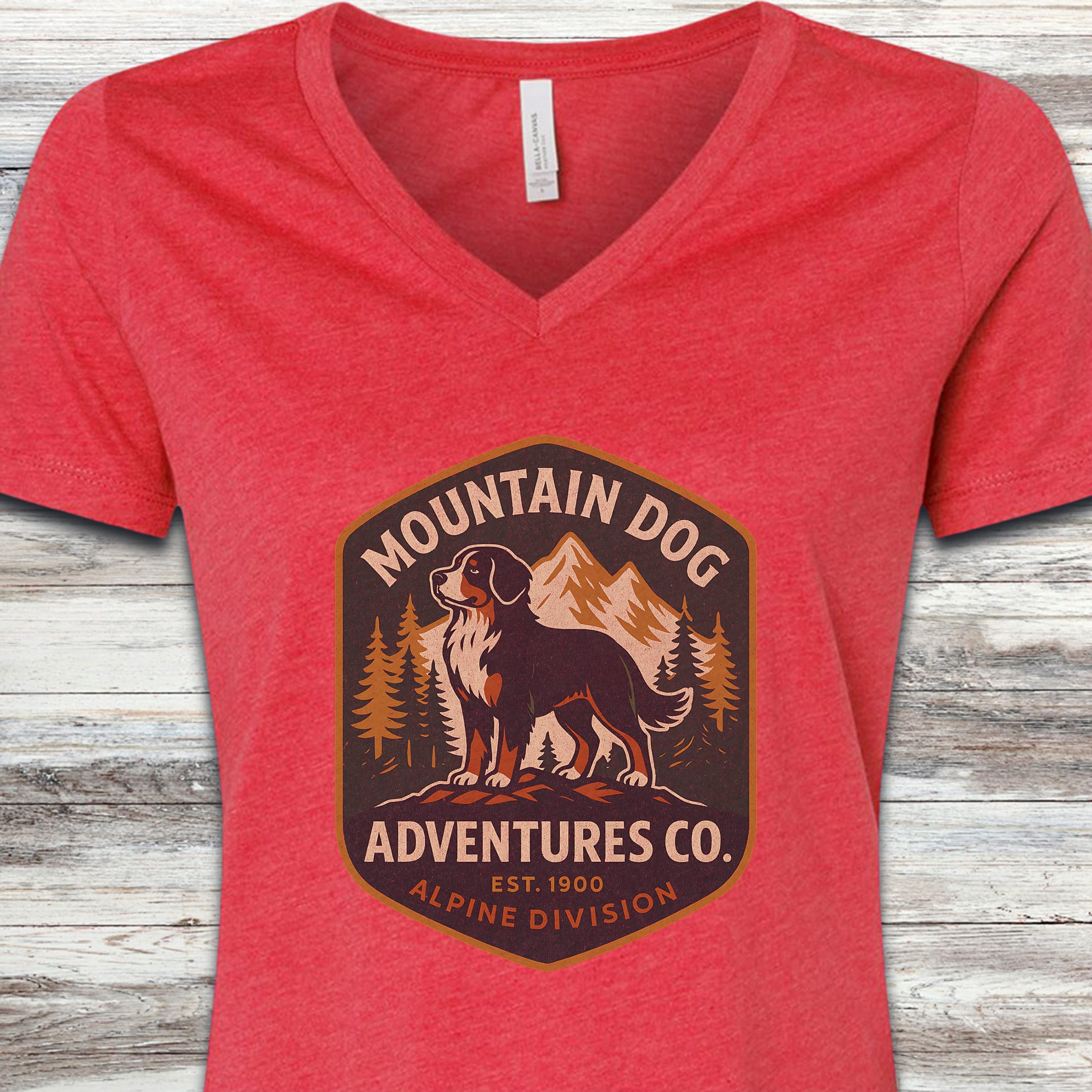 Bernese Mountain Dog Adventures V-Neck Tee - Heather Red