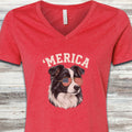 Border Collie 'Merica V-Neck Tee - Heather Red