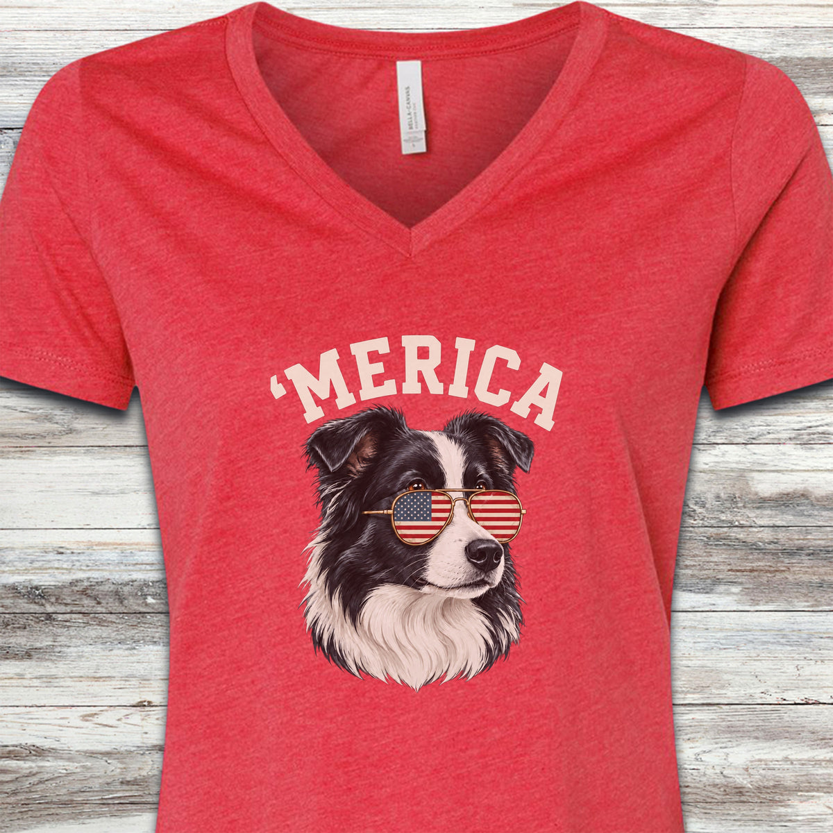 Border Collie 'Merica V-Neck Tee - Heather Red