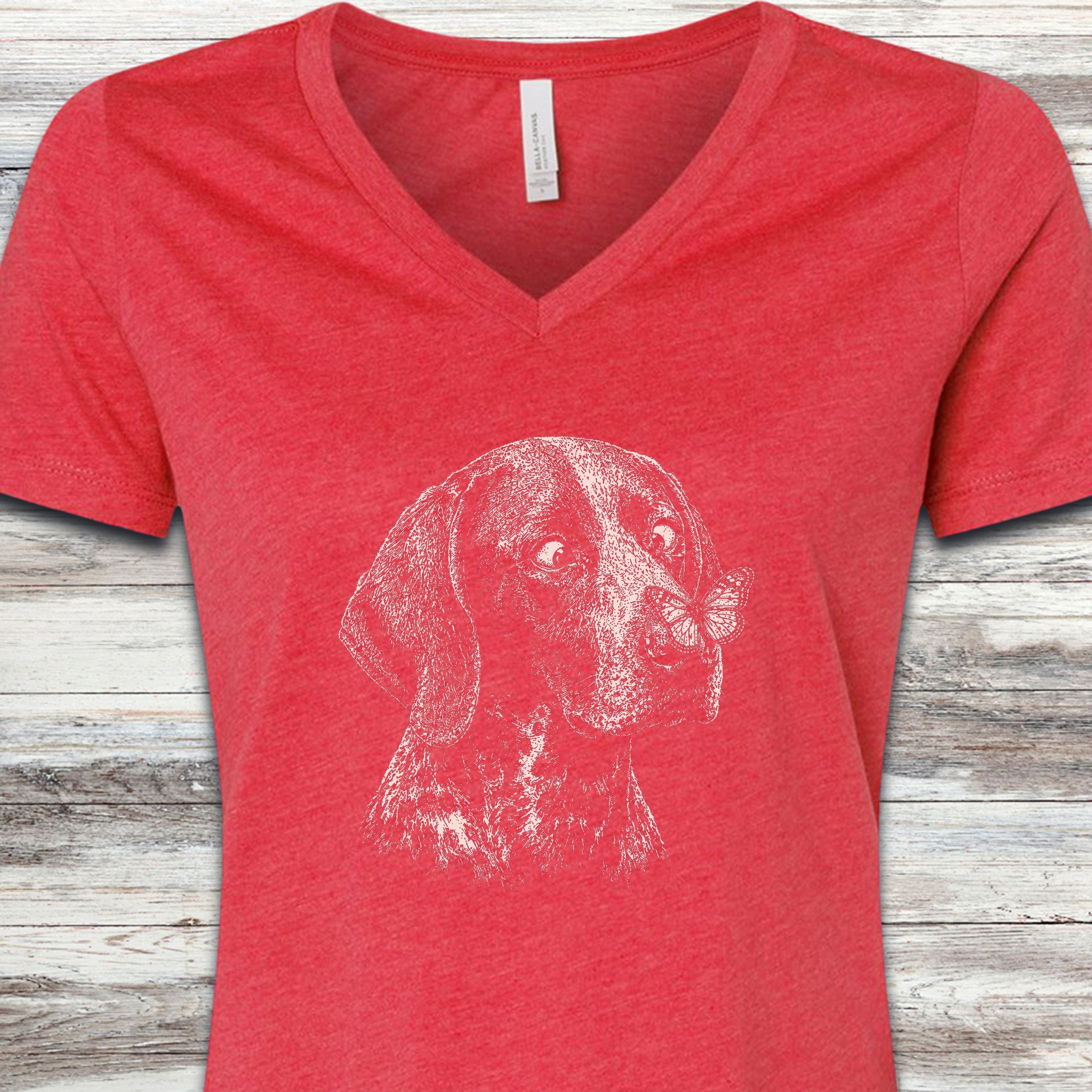 German Shorthaired Pointer Butterfly V-Neck Tee - Heather Red