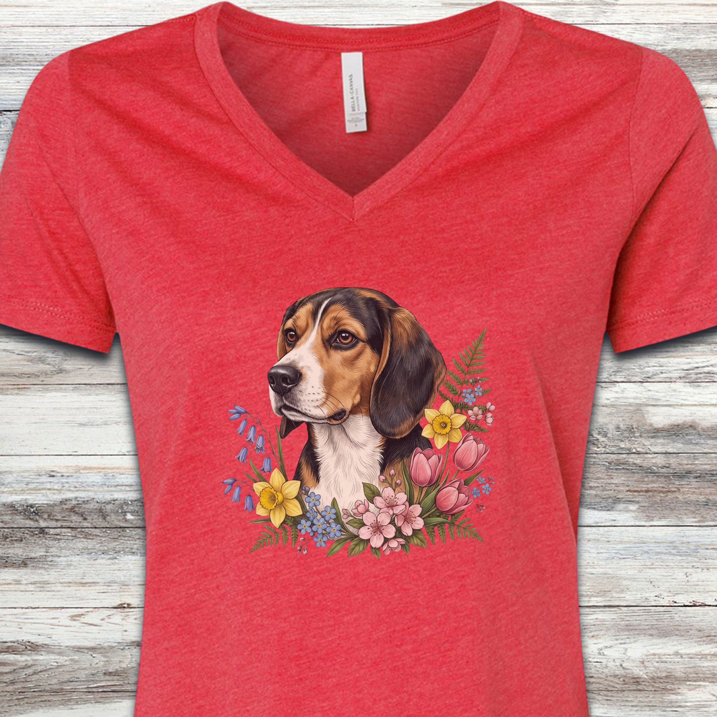 Beagle Spring Portrait V-Neck Tee - Heather Red