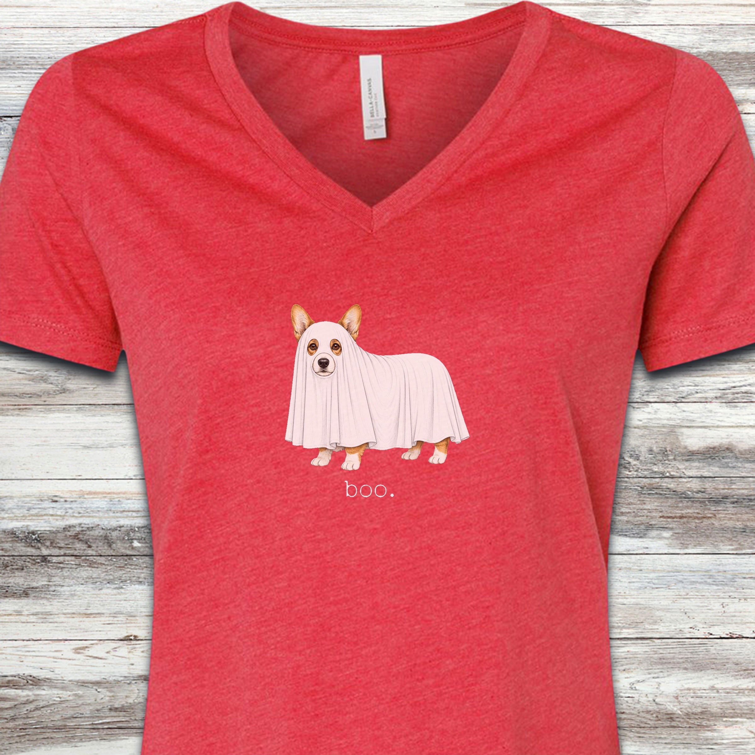 Corgi Boo V-Neck Tee - Heather Red