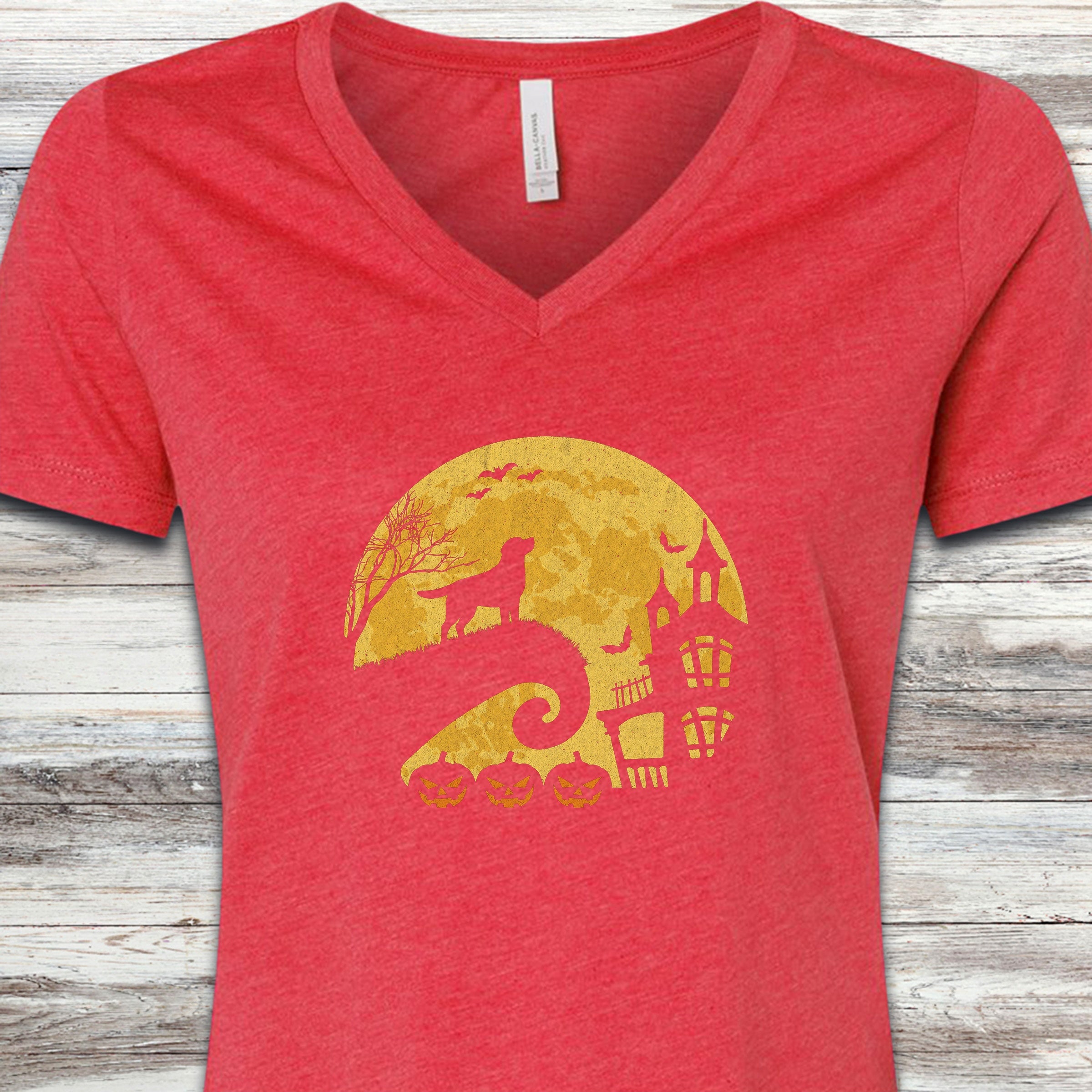 Labrador Retriever Halloween Moon V-Neck Tee - Heather Red