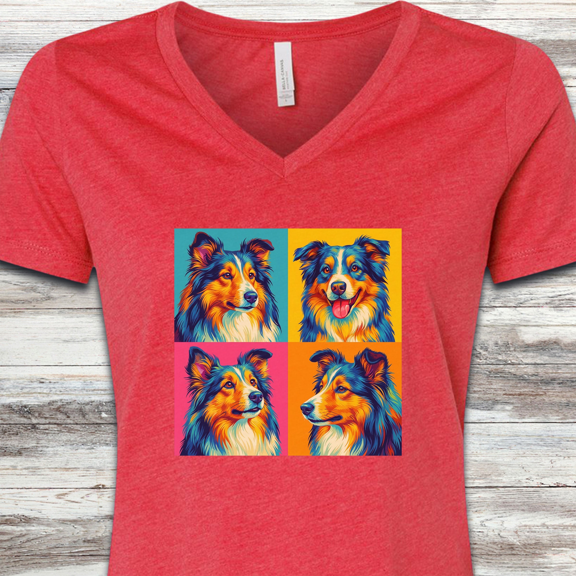 Shetland Sheepdog Pop Art V-Neck Tee - Heather Red