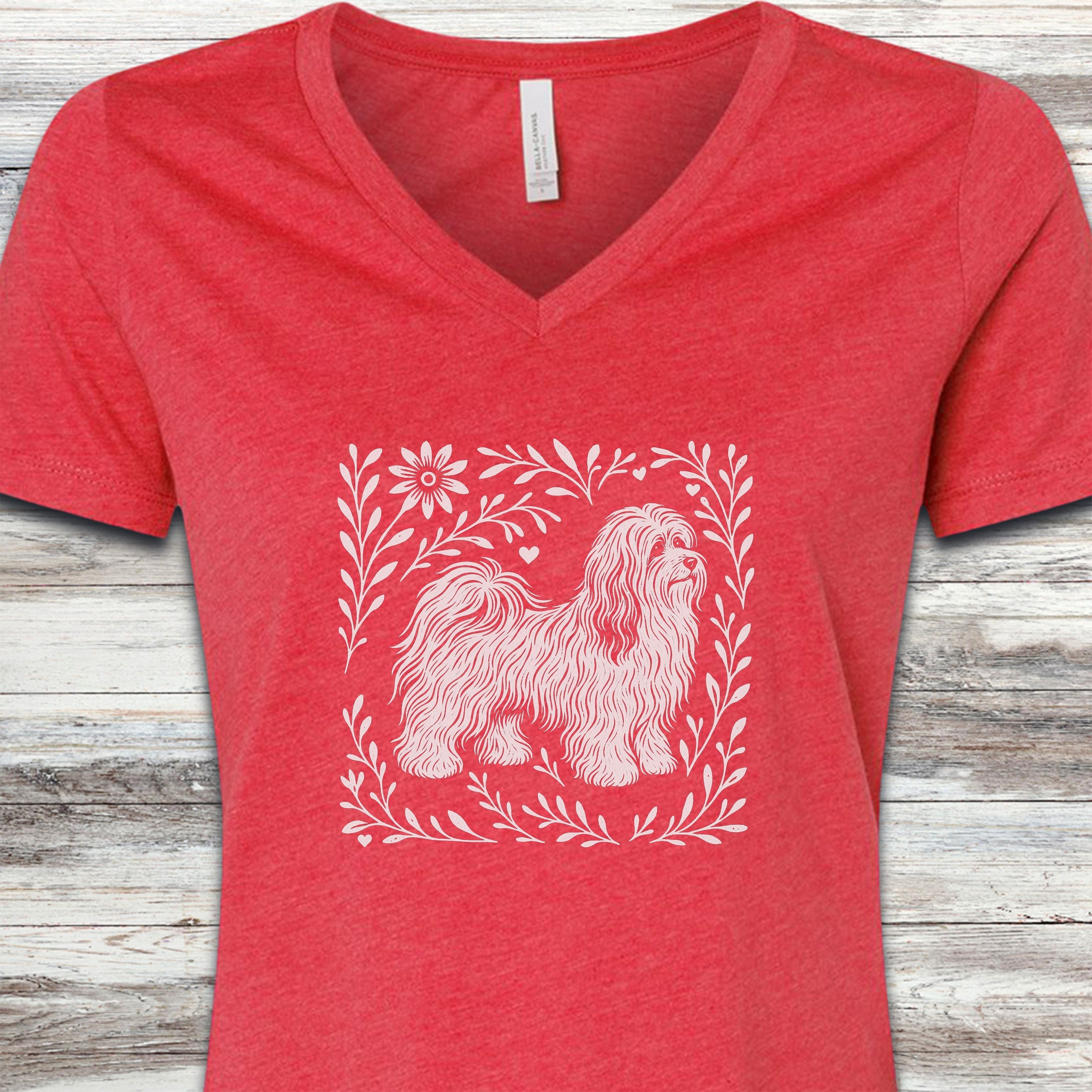 Havanese Linocut V-Neck Tee - Heather Red