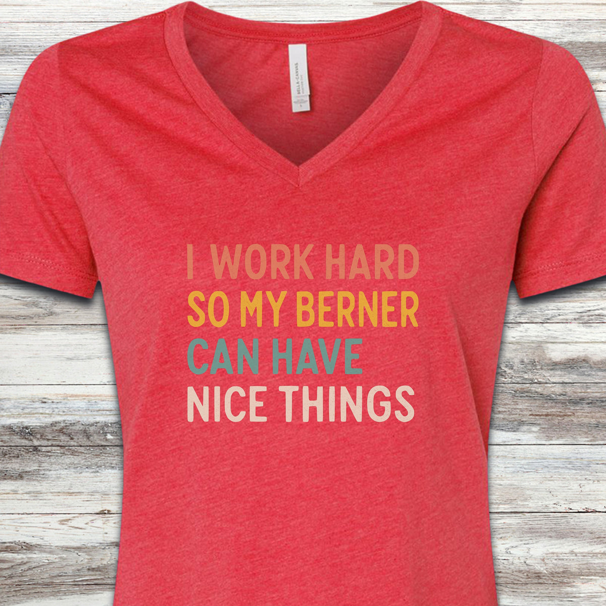 I Work Hard Bernese Mountain Dog V-Neck Tee - Heather Red