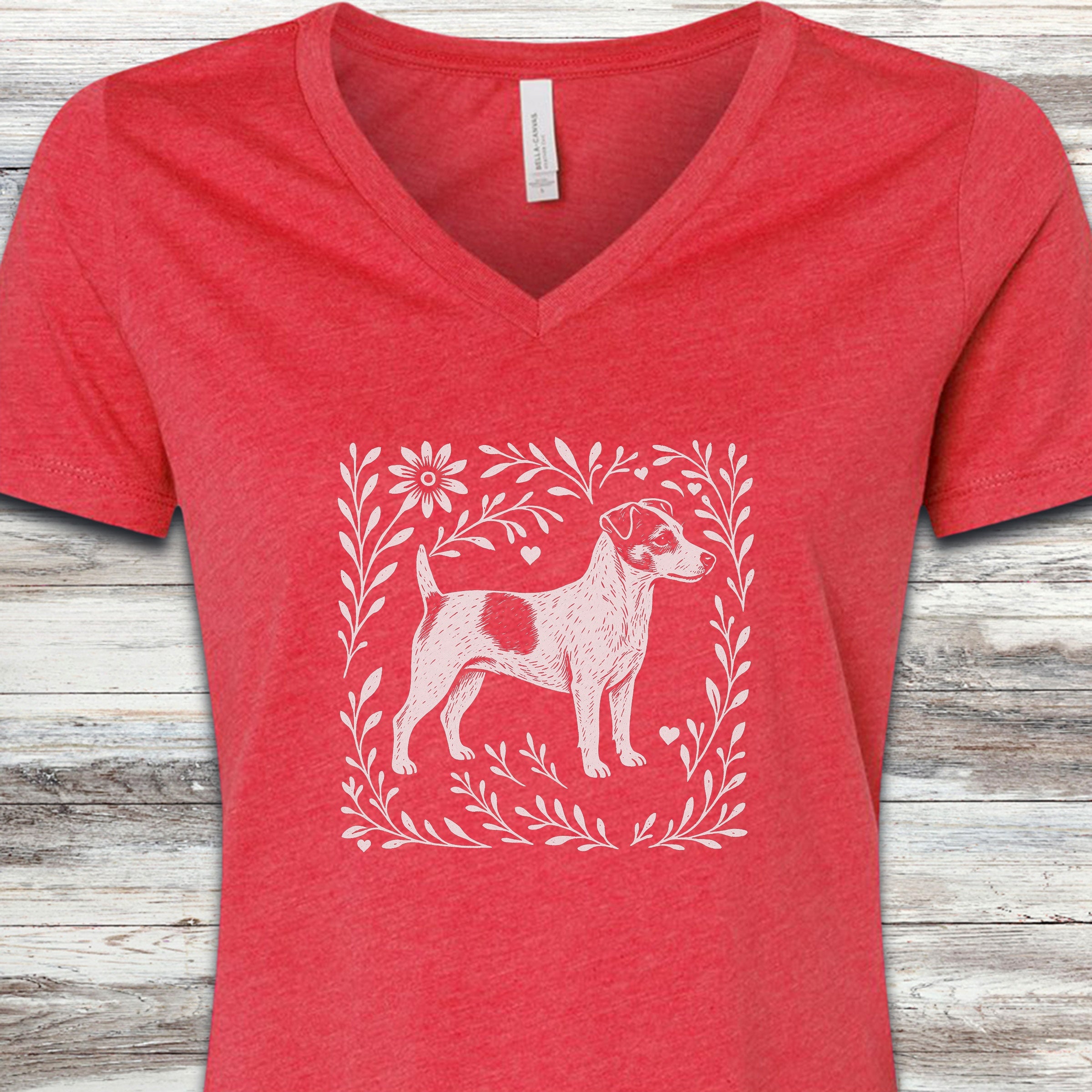 Jack Russell Linocut V-Neck Tee - Heather Red