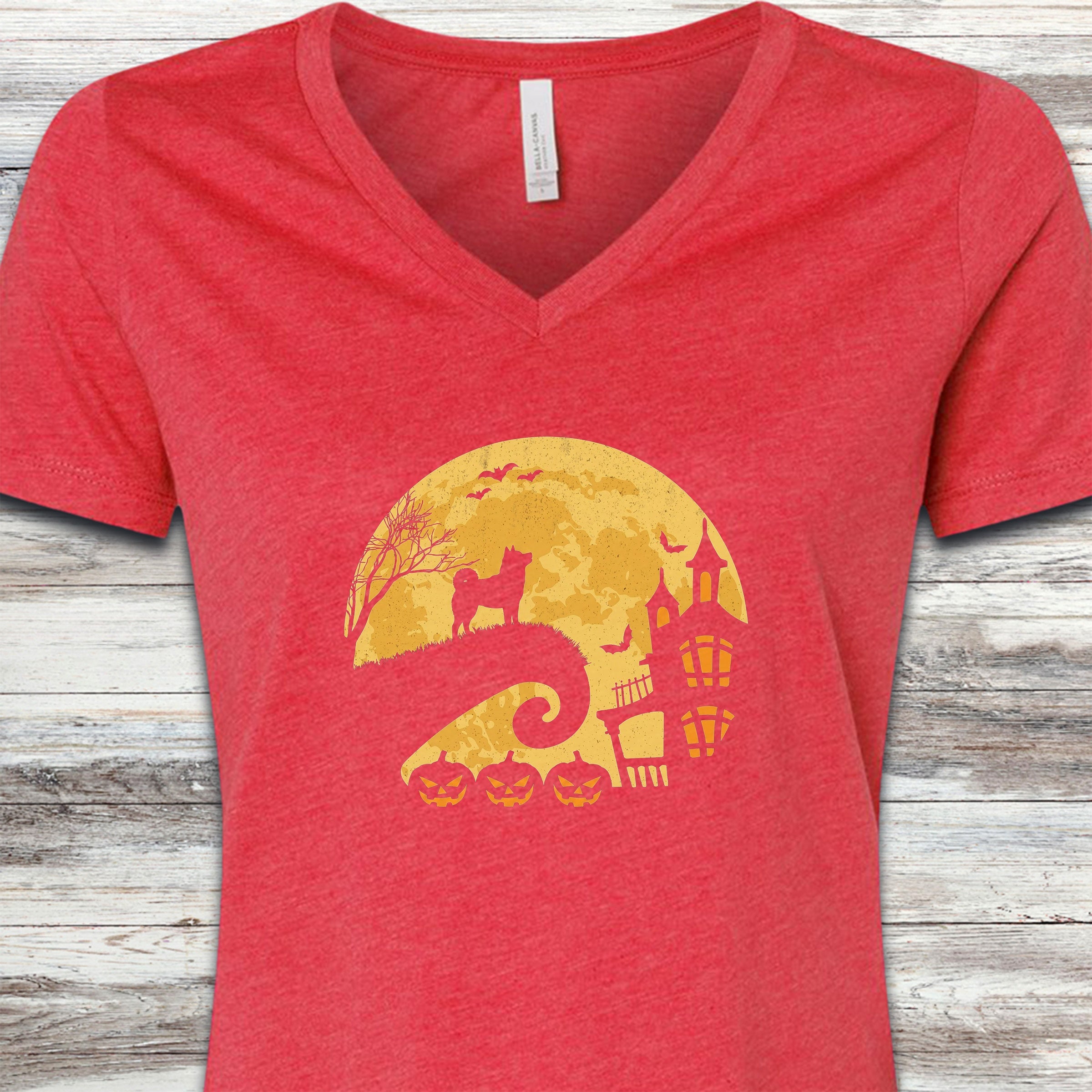 Shiba Inu Halloween Moon V-Neck Tee - Heather Red