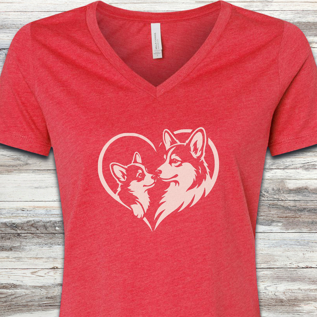 Corgi Heart Bond V-Neck Tee - Heather Red