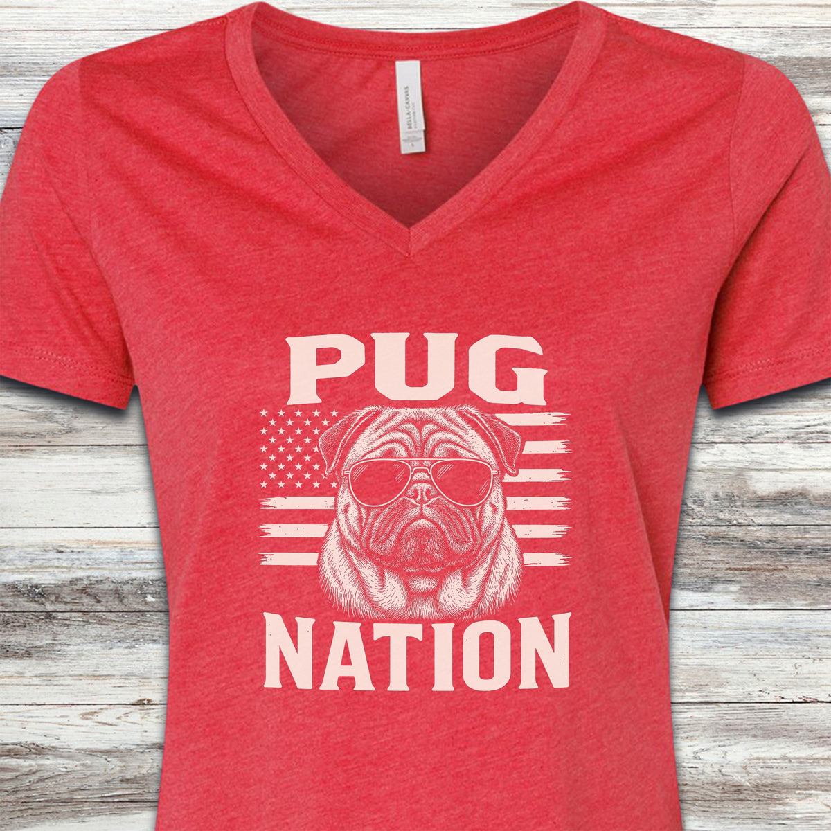 Pug Nation V-Neck Tee - Heather Red