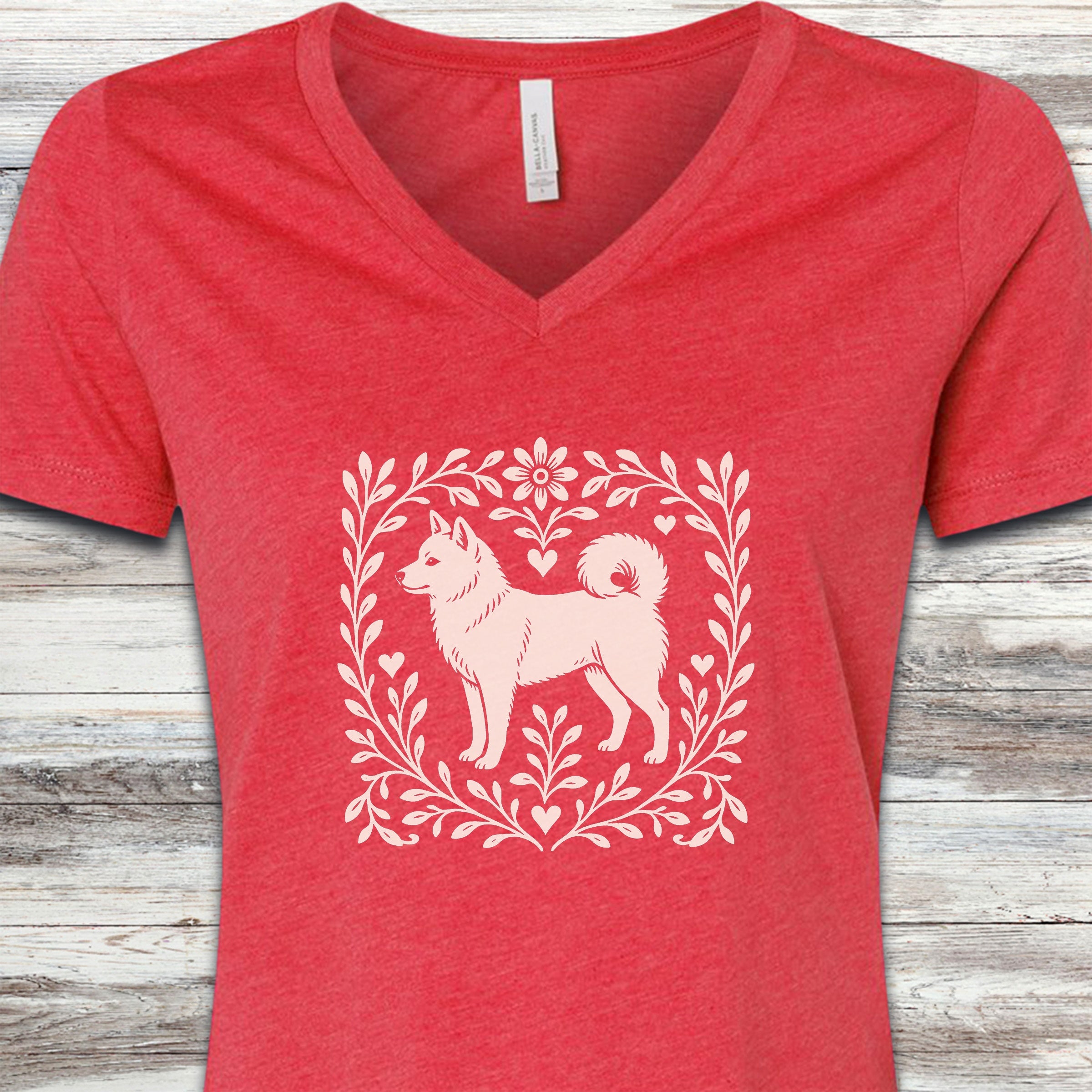 Shiba Inu Linocut V-Neck Tee - Heather Red