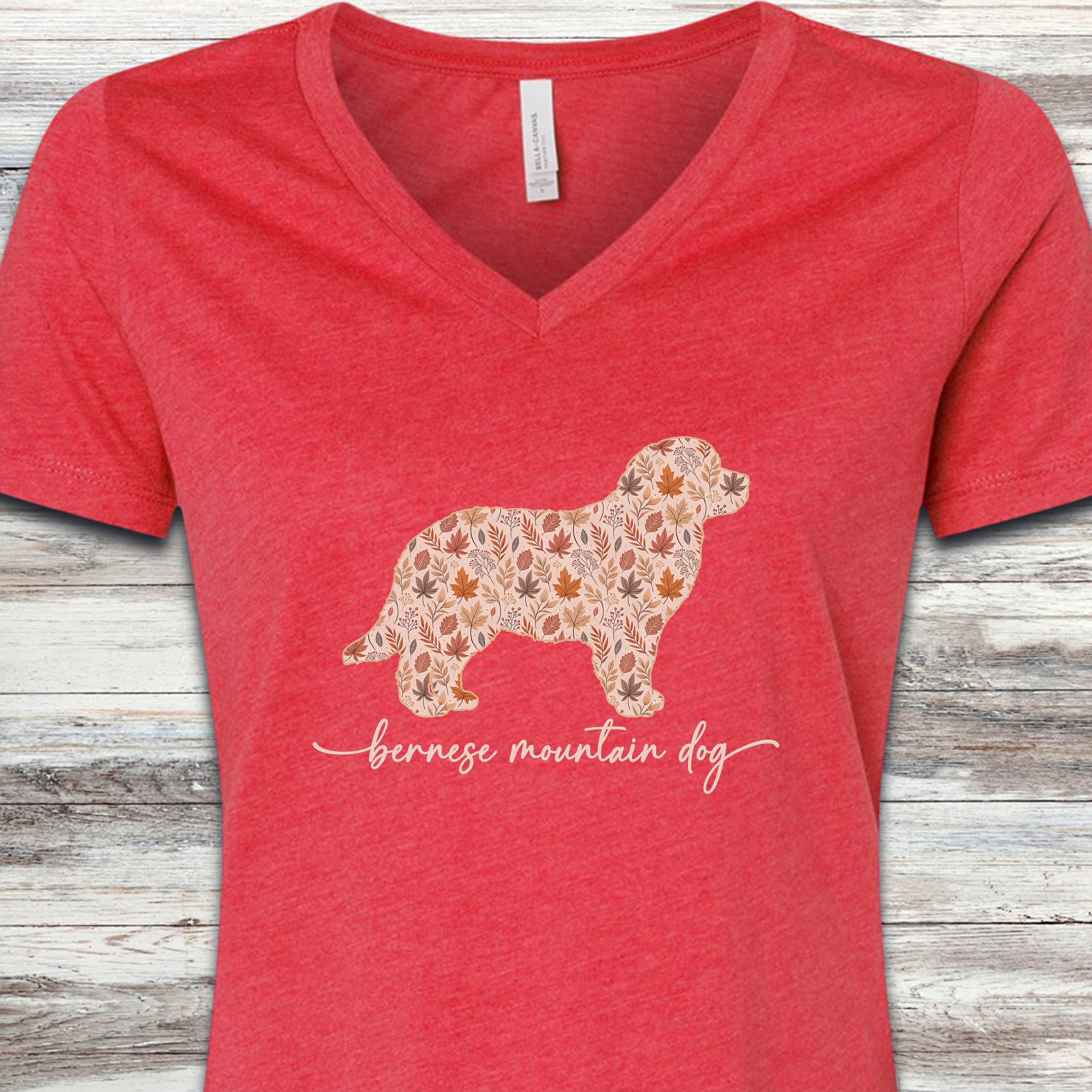 Bernese Mountain Dog Fall V-Neck Tee - Heather Red