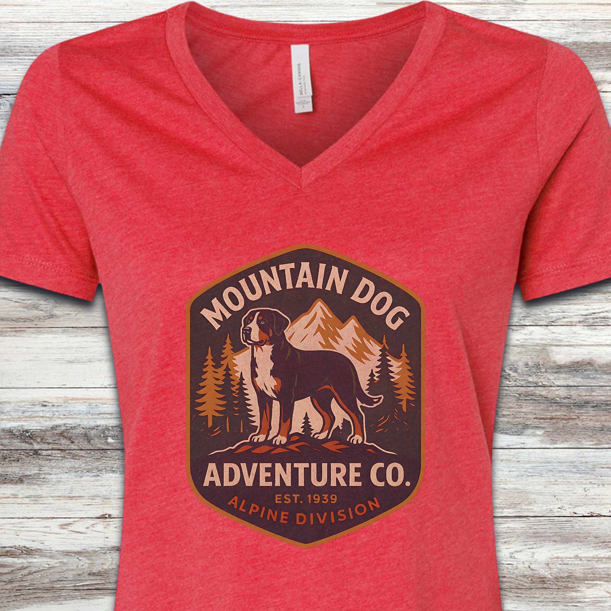 Swiss Mountain Dog Adventure Co V-Neck Tee - Heather Red