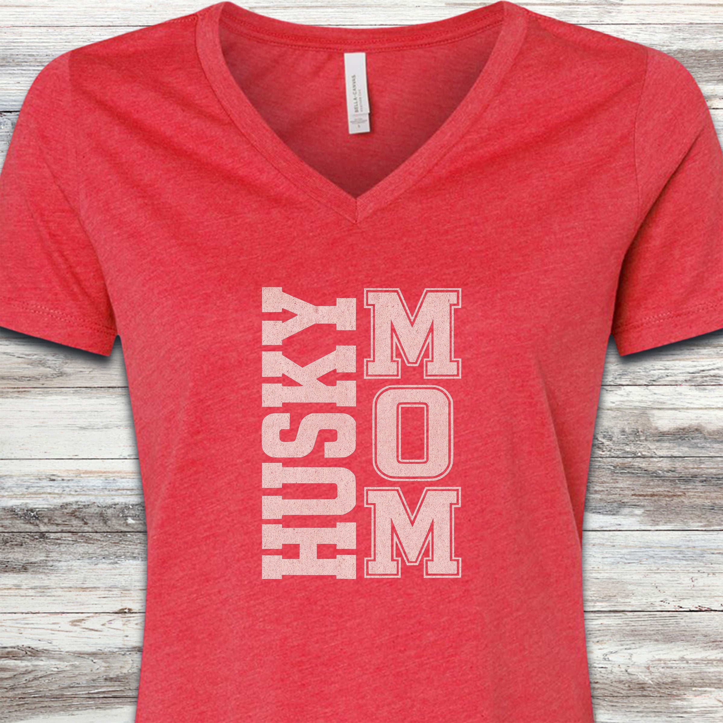 Husky Mom V-Neck Tee - Heather Red