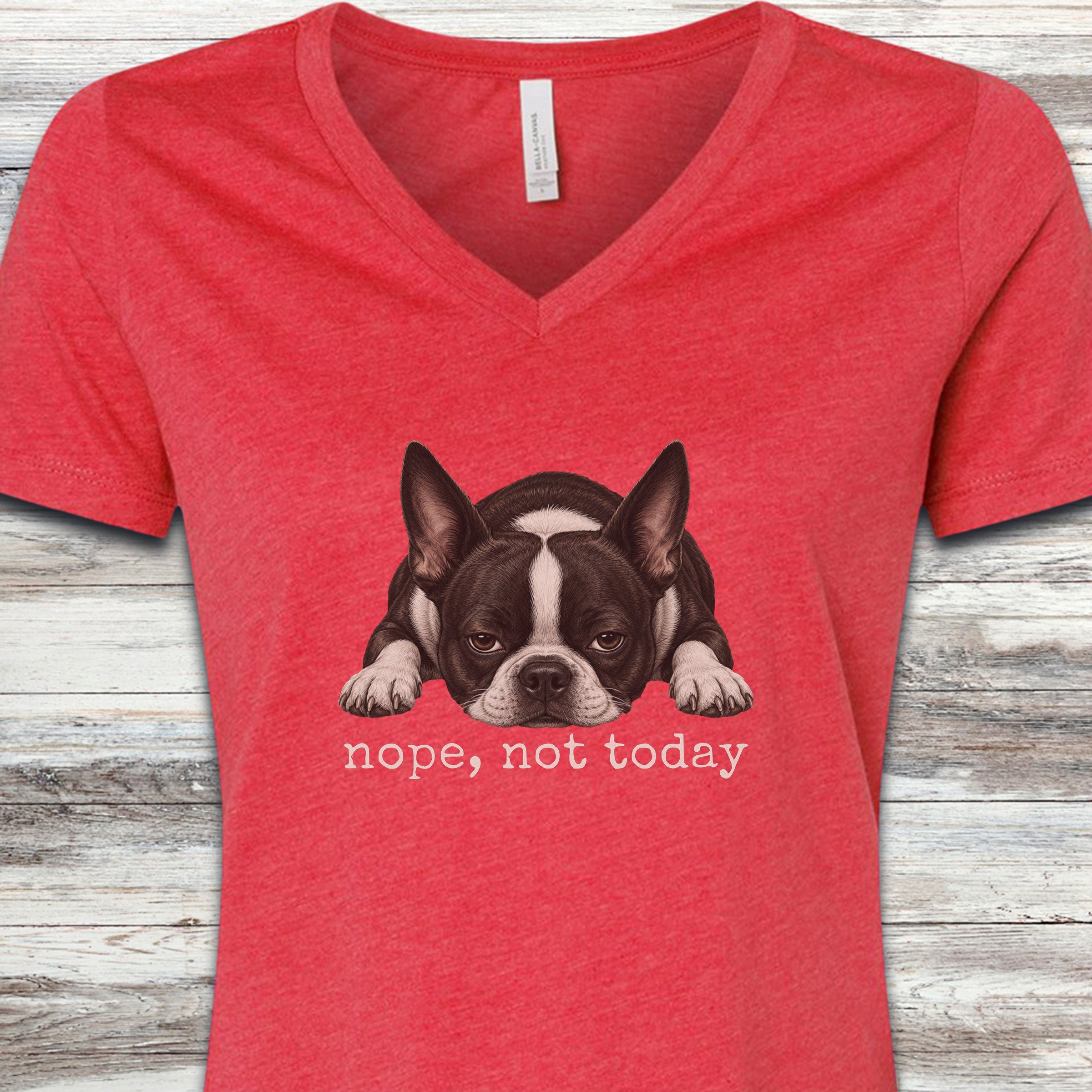Boston Terrier Nope V-Neck Tee - Heather Red