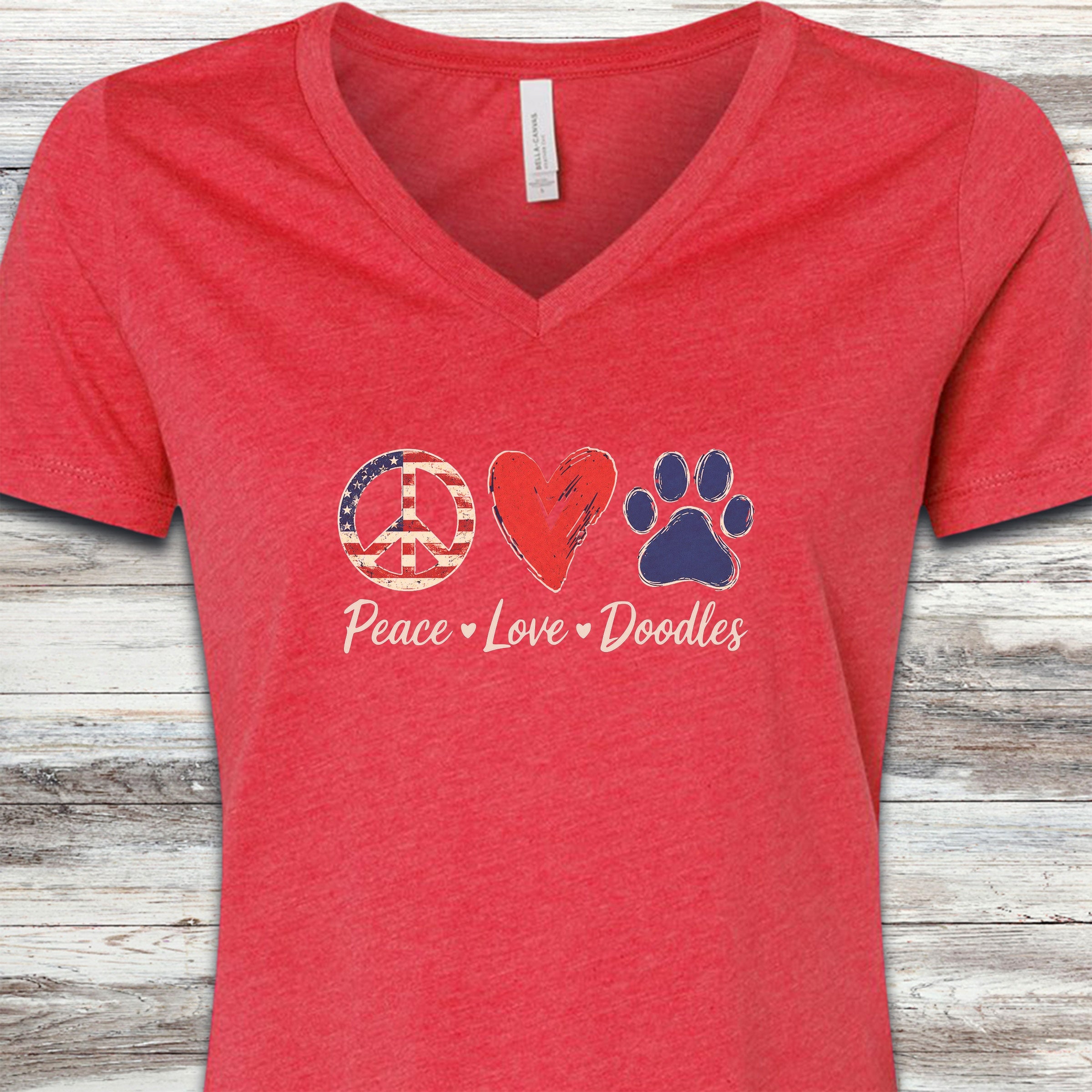 Peace Love Doodles USA V-Neck Tee - Heather Red