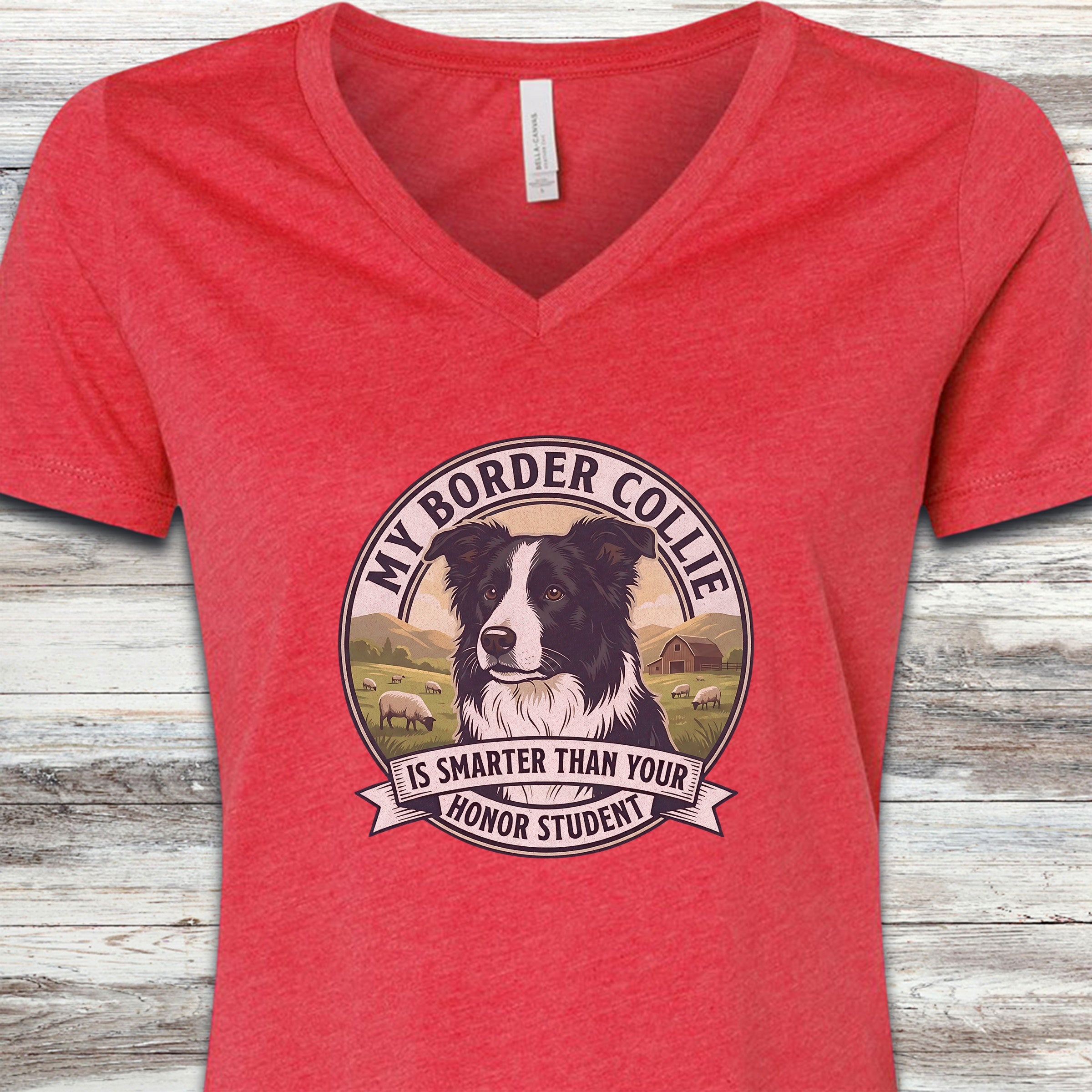 Border Collie Smart V-Neck Tee - Heather Red