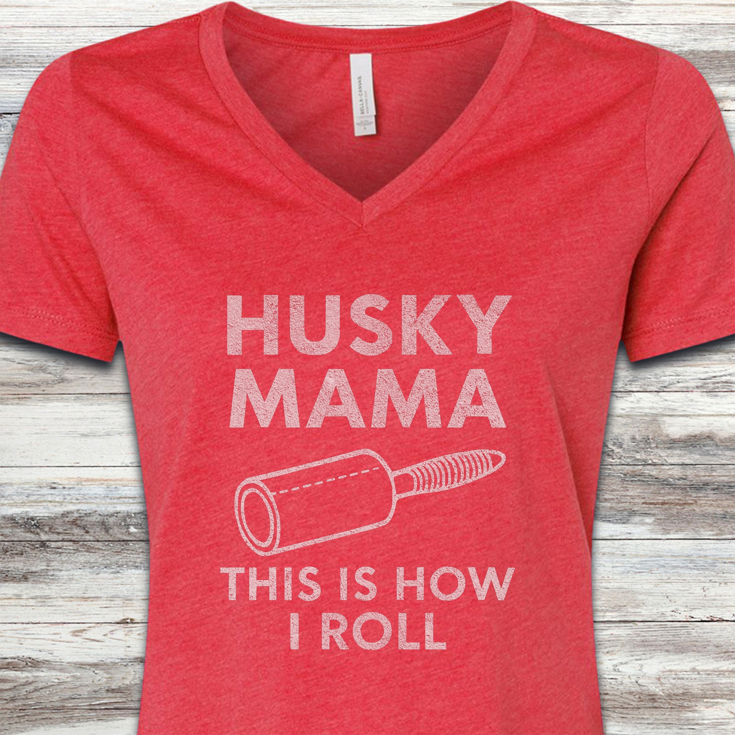 Husky Mama Roll V-Neck Tee - Heather Red