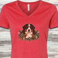 Bernese Mountain Dog Winter Greenery Faux Embroidery V-Neck Tee - Heather Red