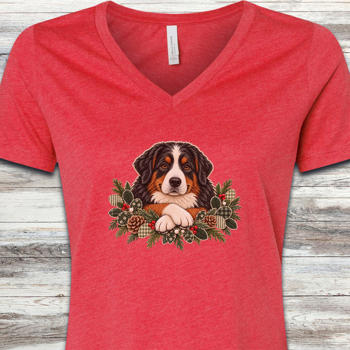 Bernese Mountain Dog Winter Greenery Faux Embroidery V-Neck Tee - Heather Red
