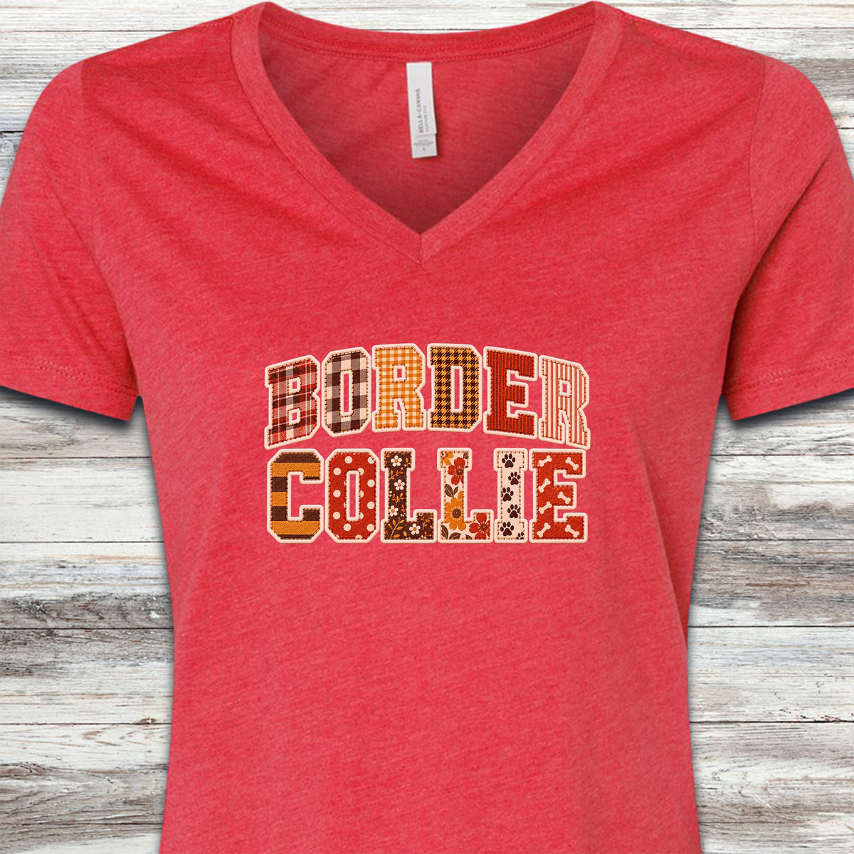 Border Collie Fall Faux Patchwork V-Neck Tee - Heather Red