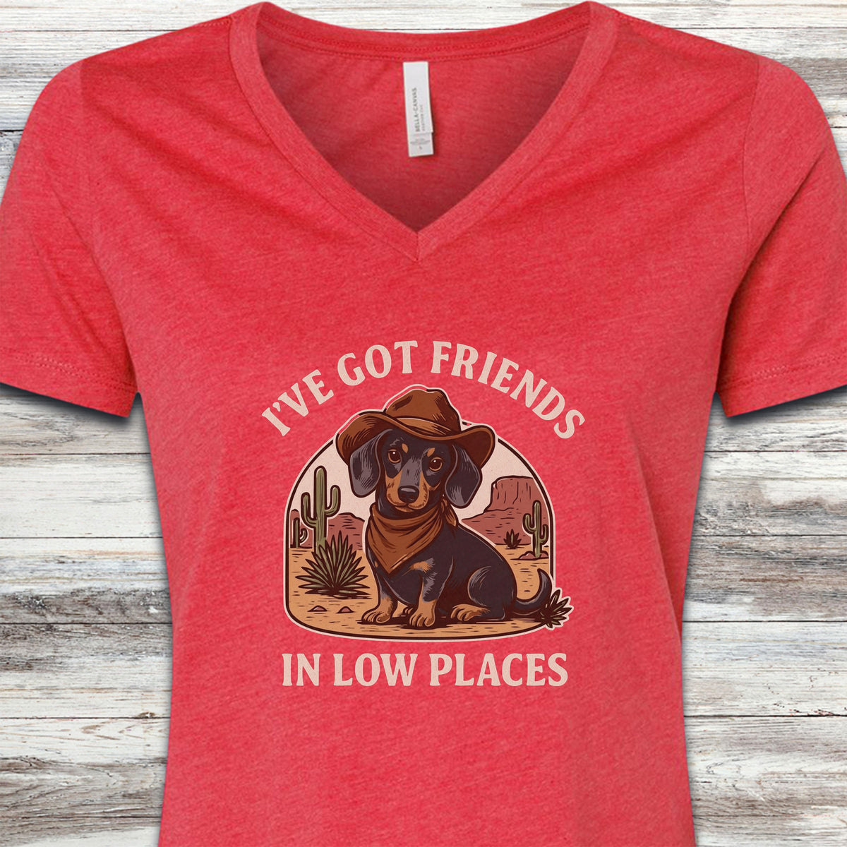 Dachshund Cowboy Friends V-Neck Tee - Heather Red
