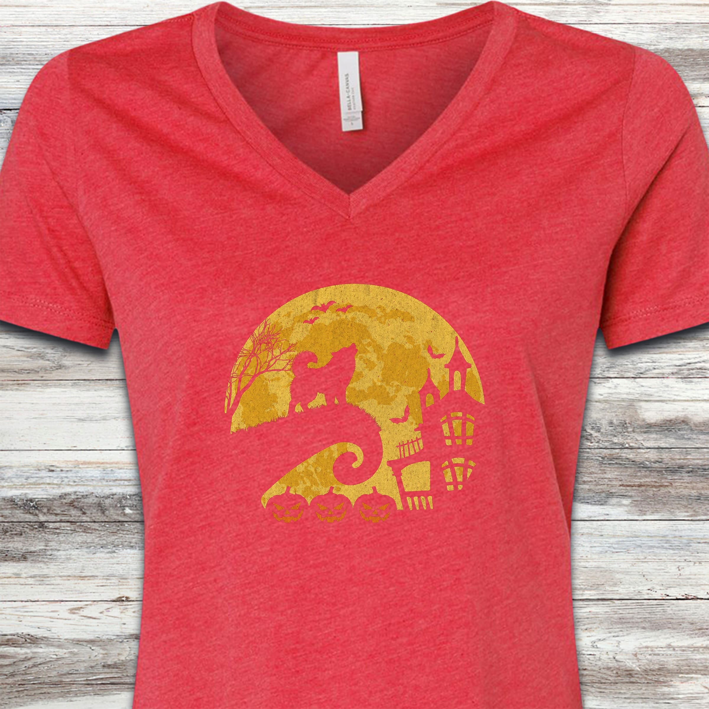 Alaskan Malamute Halloween Moon V-Neck Tee - Heather Red