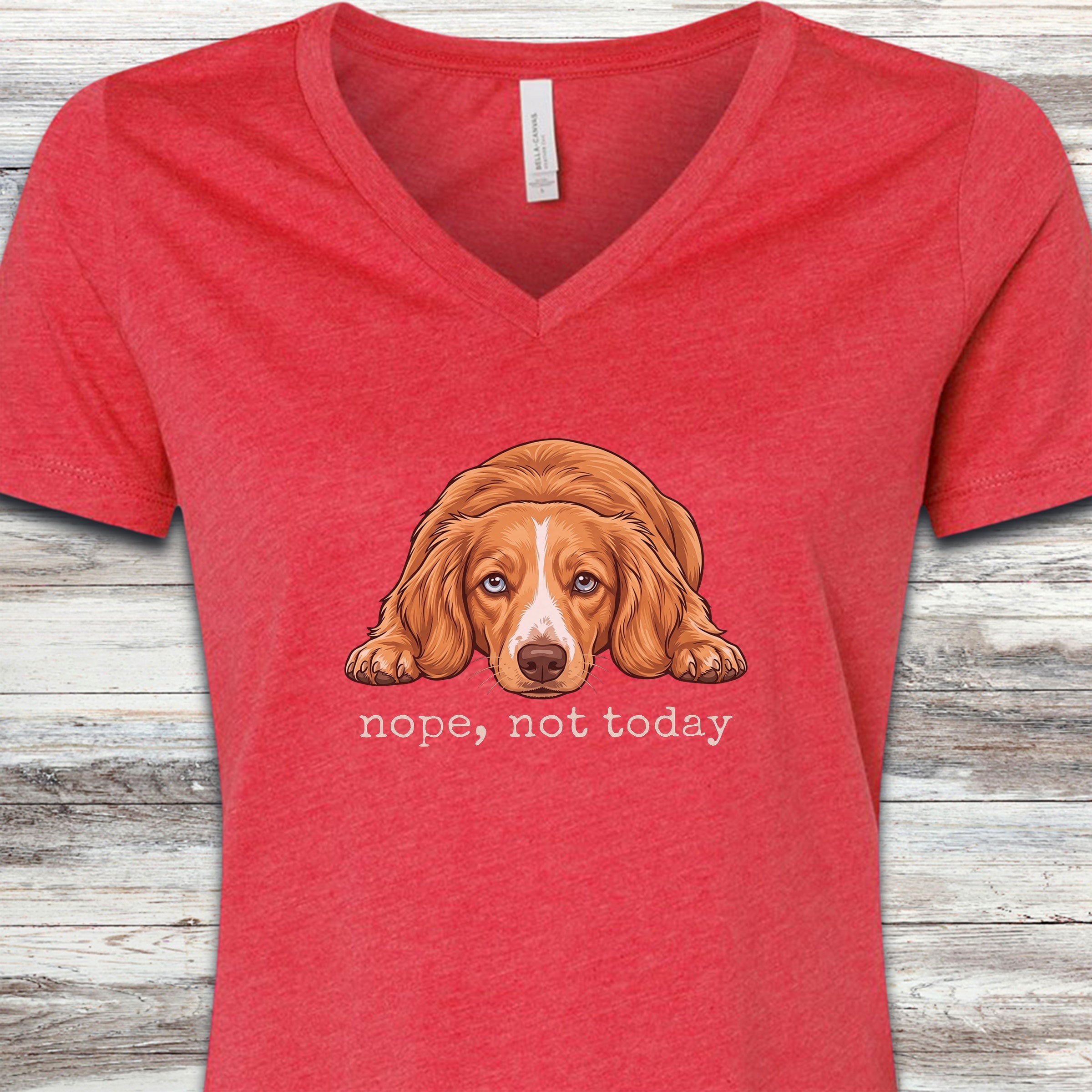 Dachshund Long Hair Red Piebald Nope V-Neck Tee - Heather Red