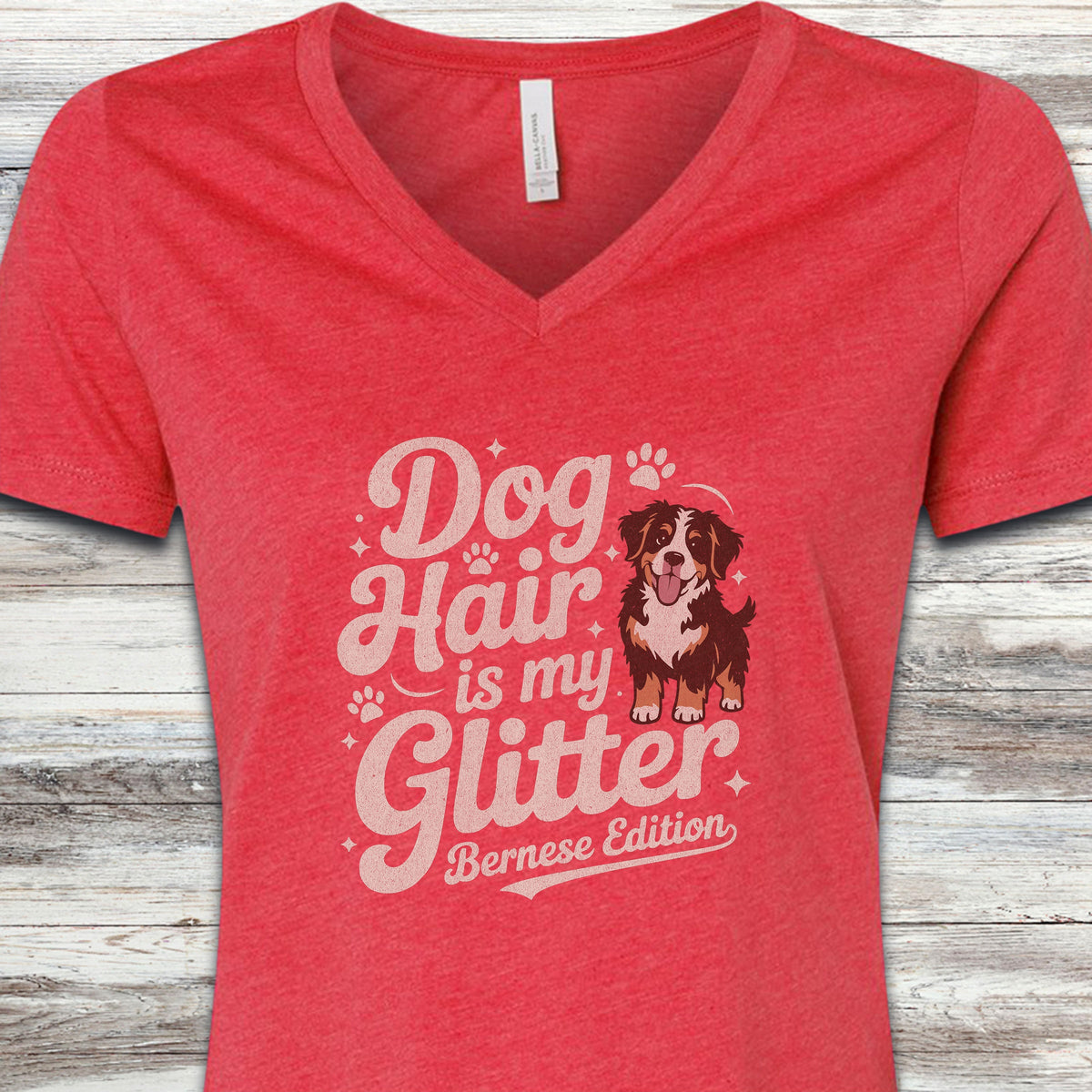 Bernese Mountain Dog Glitter V-Neck Tee - Heather Red
