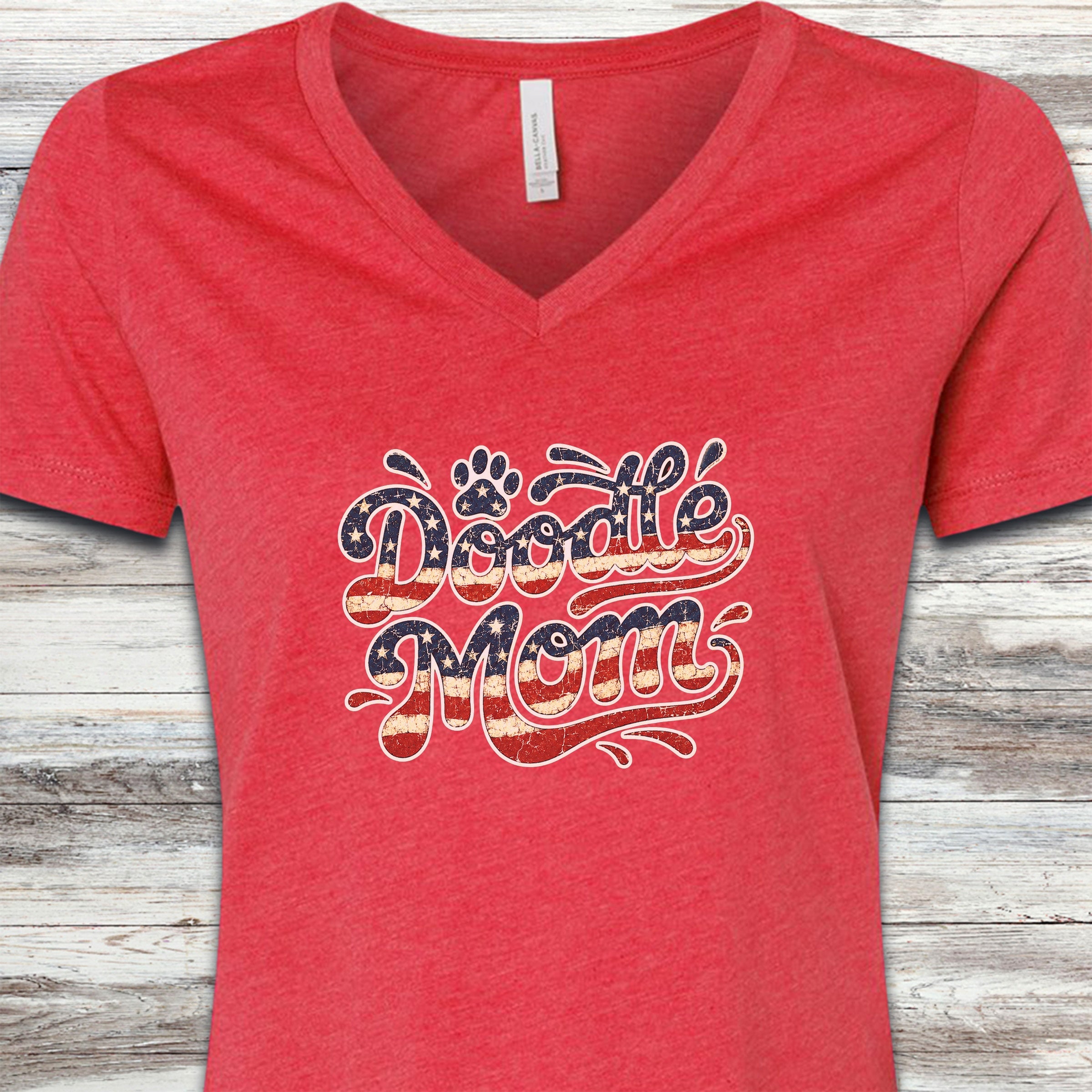 Doodle USA Mom V-Neck Tee - Heather Red