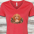 Cockapoo Winter Greenery Faux Embroidery V-Neck Tee - Heather Red