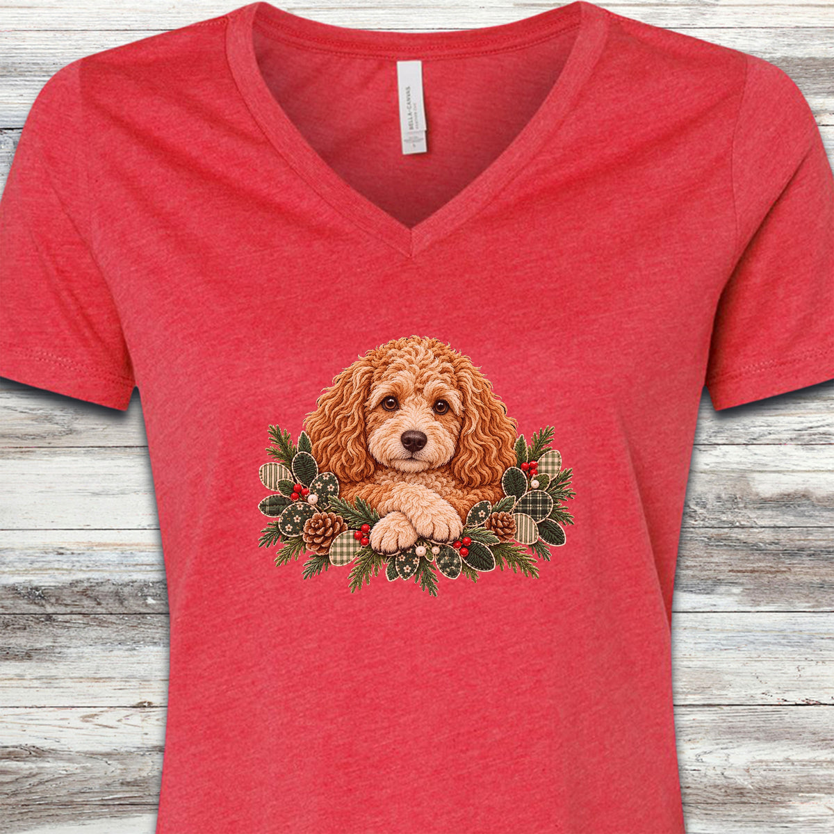 Cockapoo Winter Greenery Faux Embroidery V-Neck Tee - Heather Red
